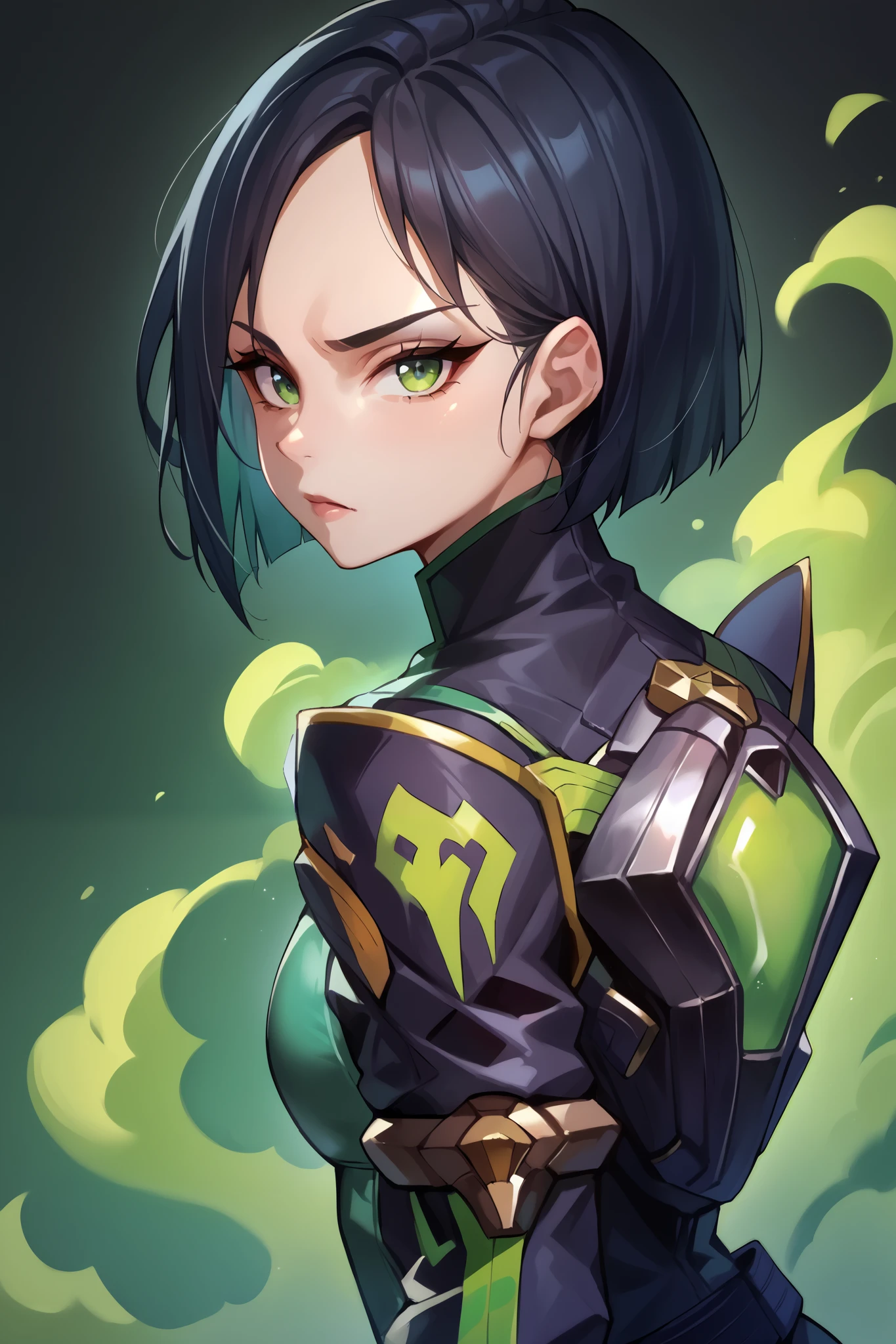 score_9, score_8_up, score_7_up, score_6_up,   source_Anime, BREAK 1girl, Alone, Bali ,   bob cut,   green eyes,   green and black bodysuit  ,   Black Gloves  , belt,   thigh boots, looking at you, upper body, Green Smoke,   black background,   mask  ,   black respirator、naked、Ass、Erotic