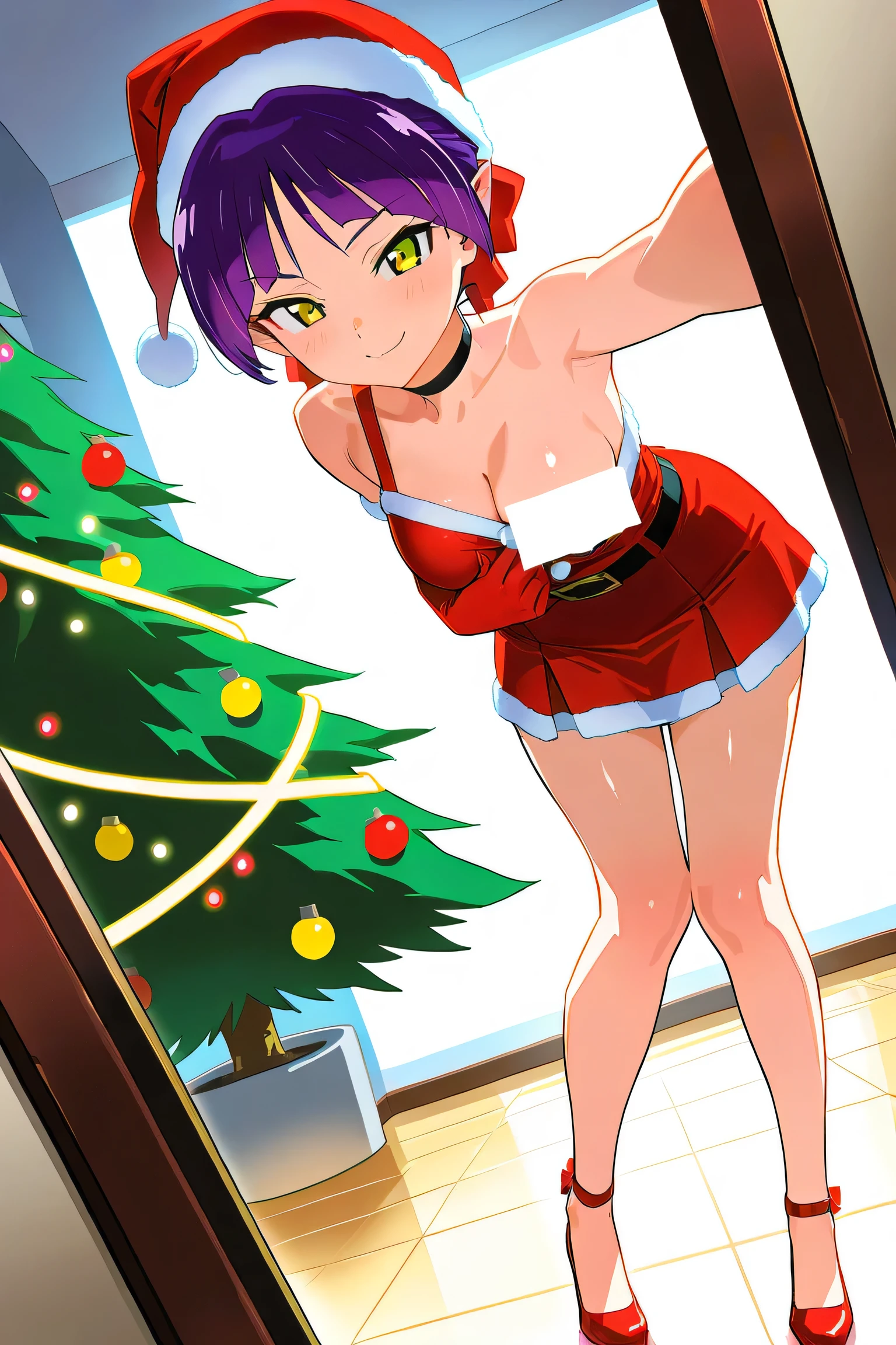 Masterpiece, Best Quality, Great Quality, Very Beautiful, Absurd, Latest, Landscape, (Anime Screen Cap), NMM1, Cat Girl, Cat Girl (GeGeGe no Kitaro 6), Solo Girl, Purple Hair, Yellow Eyes, Alone, Red Dress, Red Choker, Hair Ribbon, Pointed Ears, Short Hair, Santa Costume, Santa's Hat, scarf, sexy, seductive smile, room, decoration, Santa tree, selfie, Dutch angle, full body, miniskirt, censored, cleavage, pull yourself, one breast exposed, (Backlight), Aperture, (Reflection, Shiny skin,