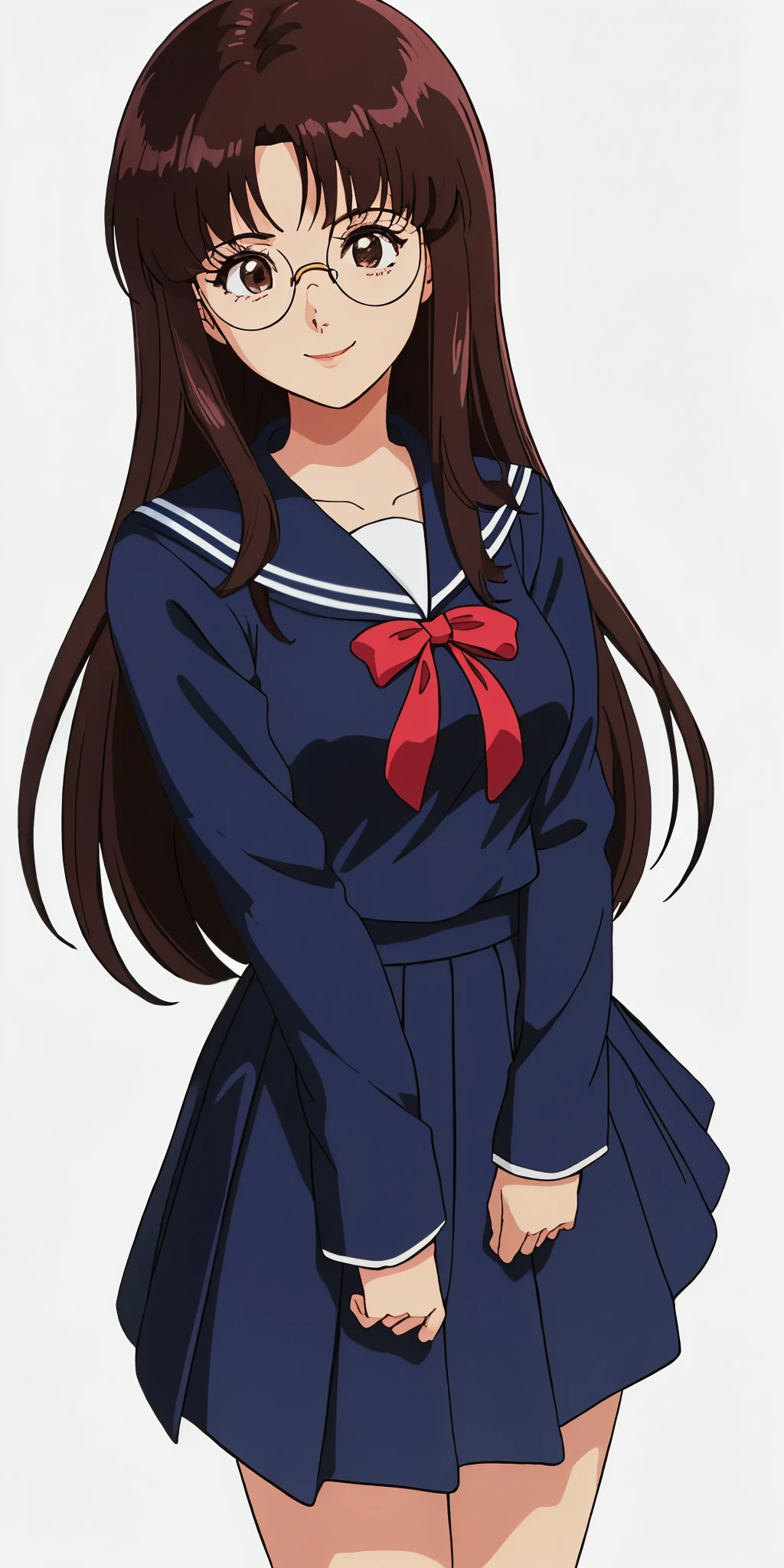 Young woman drawn in 80’s anime art style. 
Retro anime. Vintage Anime. Classical Anime. 
Black Dark Brown HAIR
Long Nihongami Hair
(Round Glasses)
(Round and Circle eyes)
(Light Brown eyes)
(Medium Sized Eyebrows)
(Freckles on Cheek)
(Light Tan Woman)
(Medium Breast)
Seductive Smile

She is wearing a sailor fuku (セーラー服, sērā fuku, sailor outfit) is a common japanese style of uniform worn by women, traditionally by high school female students. 

The uniform generally consists of a sailor-styled blouse attached with a (Navy blue sailor-style collar) and a Dark Navy Blue Sailor Blouse. The length of the long skirt goes down past her ankle.

A ribbon is tied in the front and laced through a loop attached to the sailor blouse. The color is the ribbon is red. (RED RIBBON)

(Dark Navy Blue Sailor Shirt)
(Dark Navy Pleated Skirt)

(Solo)
(Location: High School)
(Background: High School)