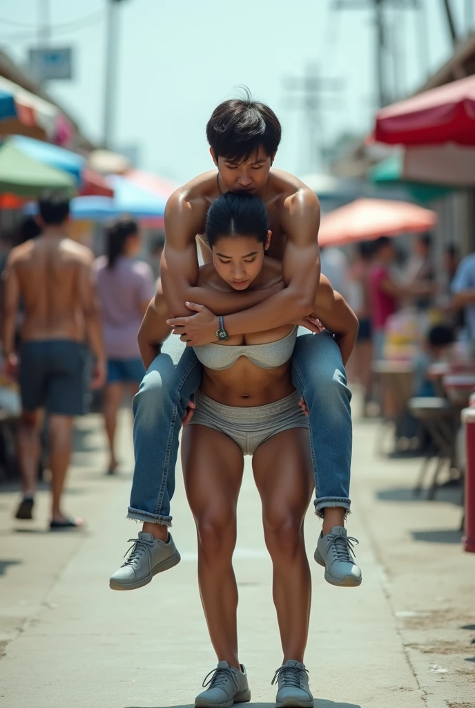 An Indonesian girl is wearing silver miniset, silver tight short pants, and grey sneakers. The girl has a huge and muscular figure. The girl is standing while a little bowing. The girl is wrapping her arms backward and downward. A Korean man is shirtless, wearing jeans, and blue sneakers. The man has a skinny figure. The man is riding on the woman's back. The man's legs are round the woman's waist. A front view realistic photography, with a few persons in a fishing pier as its background.