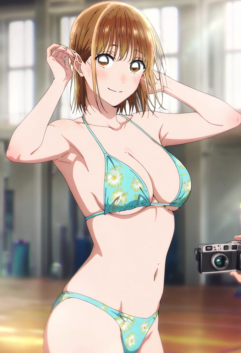   1 girl, Alone, Chinatsu,   Blurry Background,   brown eyes、 Naked 、 medium boobs、   big areolas supporting breasts、 両Armpit、 small 、belly button、smile、looking at viewer, masterpiece,  top quality,   High Quality ,     very aesthetic  ,   absurd、(  Hands up、Bikini、Many blushing boys、Armpit、Armpit汗、sea、 stretch)、  sweated、(((guys with cameras 、Many blushing guys )))