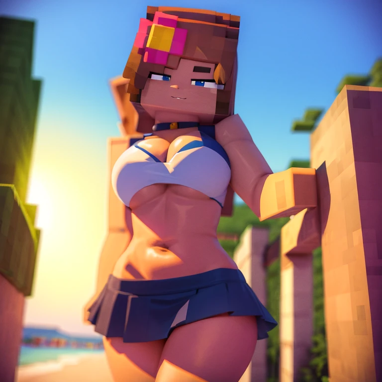 1 chica, solo, jenny, adorno para el pelo, sonrisa, bikini, con busto grande, fondo sencillo, mirandote