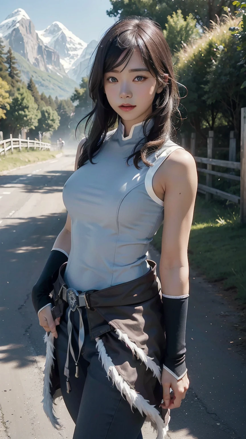 Korra,(best qualityer,4K,8k,high resolution,work of art:1.2)(weather: windy), Mondstadt mountain background, mountain road, sleeveless top, elbow long fingerless gloves, belt, fur dress trail, tight leggings, tribal tattoos, winter boots, small earrings, freckles, cheek mole, short straight hair, short black hair, ultra detailed, realistic, portrait,beautiful detailed sapphire blue eyes, glowing eyes,blush,beautiful detailed lips,extremely detailed eye and face, long eyelashes,sexy,average, large breasts,beaming smile, flirty smile, powerful girl, stretching pose, stunning curves, bright coloured, dramatic lighting,