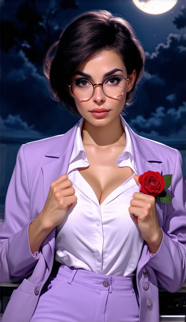 ４０One short dark-haired woman of her generation 　 is wearing a tight light purple blazer suit,   loosen the collar of the white blouse and remove the buttons 、 to reveal cleavage .  Glasses　 Night School Classroom.  Single rose decoration on the left chest , Beautiful Moonlit Night. 4K,  top quality,  realistic ,   Details