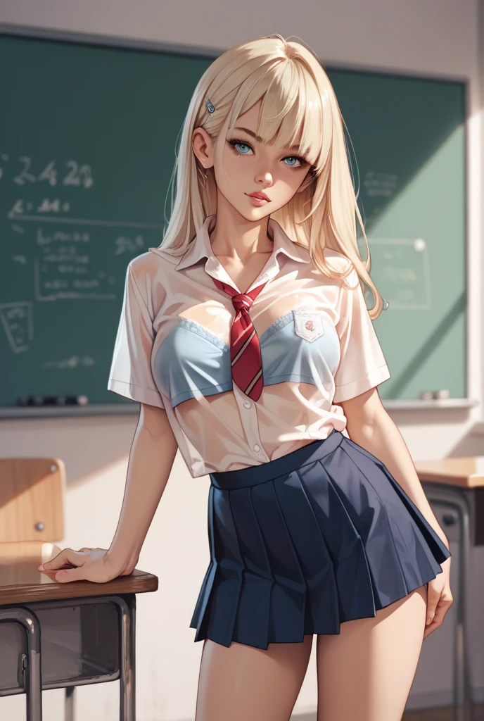 (anatomically correct),(best quality),(masterpiece),skin texture, light tanned skin,solo,woman,(wavy hair,blonde),(panties), (school uniform:1.2), On bed,

