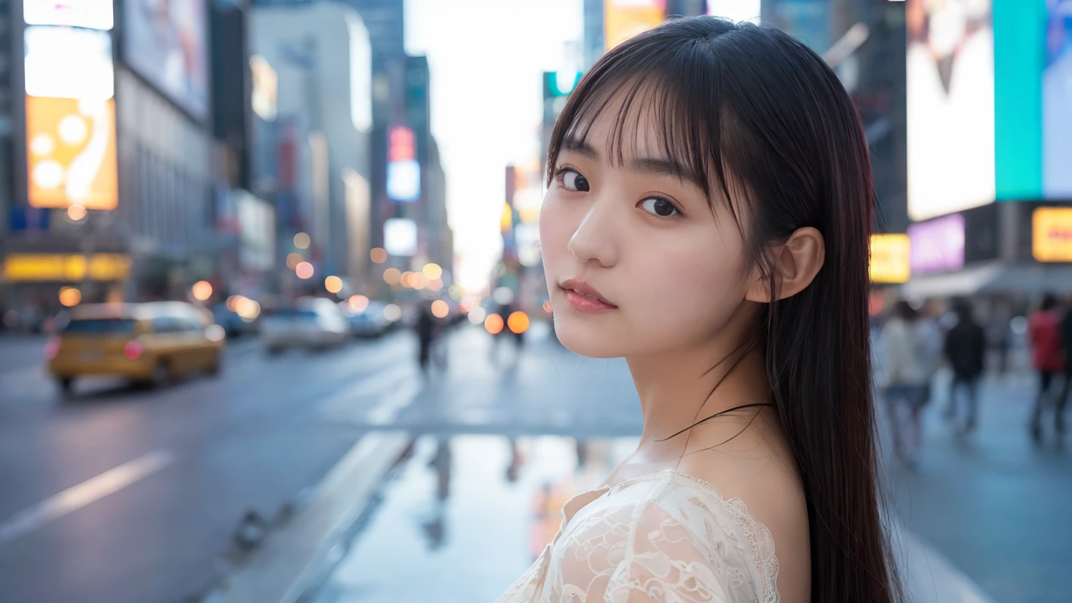 (、A real photo with every detail perfectly recreated of a Japanese girl in her late 20s,  upper body, masterpiece,  top quality,  realistic , photo- realistic :1.4,  knight ,  Times Square , cityscape, City lights, Short neck,  short, Narrow shoulders, Seductive Sensuality , Bushy eyebrows , Beautiful eyebrows,  has long eyelashes, Sparkling Eyes, Shining Eyes, Thick lips, Small lips, Straight hair with bangs, Each individual hair is clearly visible, Big Breasts,  clevis on a stone, Expanding breasts, A lace evening dress that looks like a real human , born々Nice skin texture, Thin Hair, Micro Skin Relief, Macroskin Details, Uneven skin tone, Skin only, pores, Wearing  , Photo quality, 35mm Film, Telephoto Lens, Bokeh,  RAW file image , 1/2000 second , ISO100,  learning the rule of thirds ,  Use Reflectors to Shoot Shadows Fill ,  capturing moments as they are ,  uses a shallow depth of field ,  creative capture of reflections , Manipulate shadows and light ,  shooting with a wide aperture , Utilizing the Golden Ratio in composition,  chiaroscuro),smile、1girl