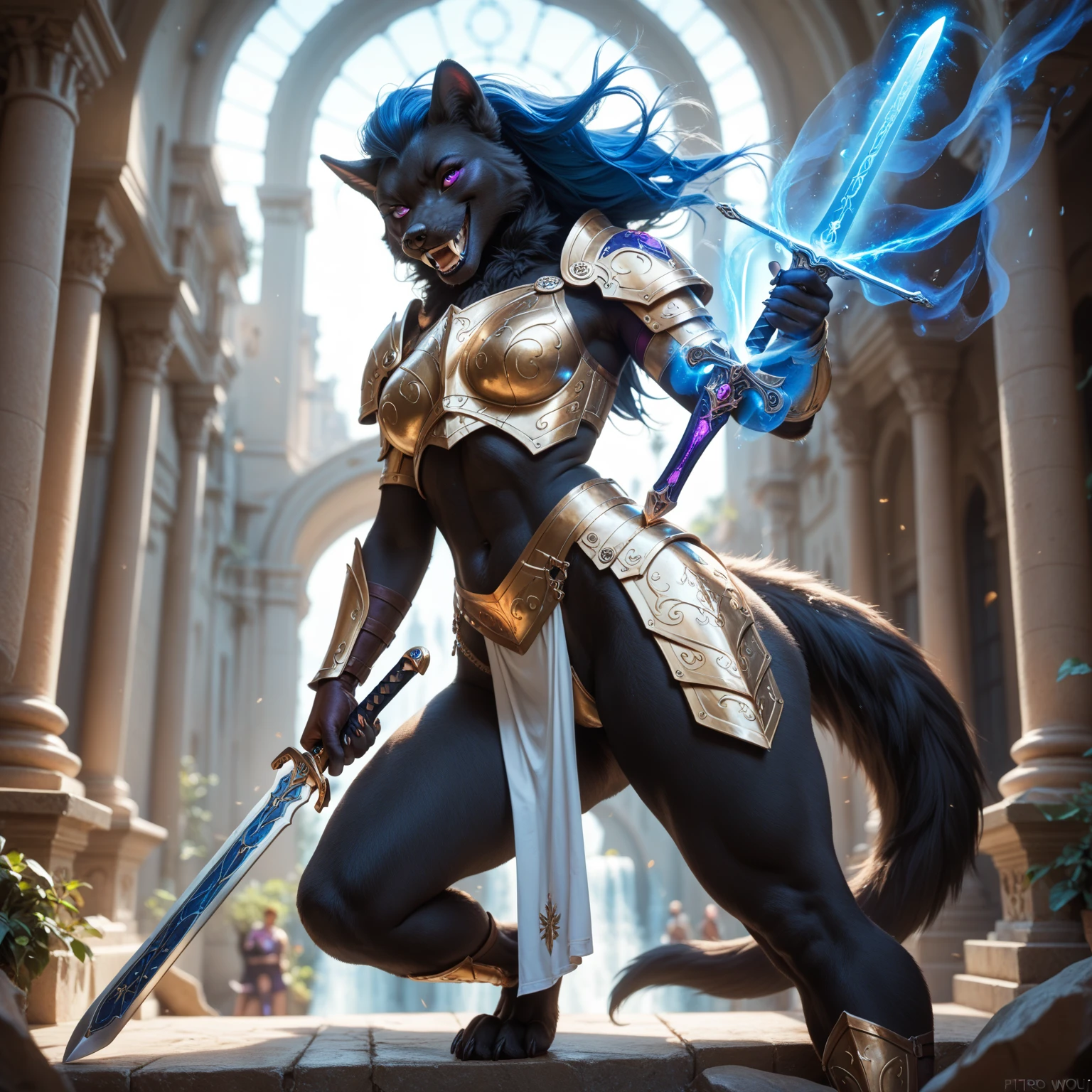 (furry art;antro), solo, she-wolf, black fur,  slim figure went, big boobs, bigger thighs,  detailed face, Grin, fangs, blue hairstyle ,  purple eyes , blue lips, magic sword , light armor , effective ,  stands in front of the gate .