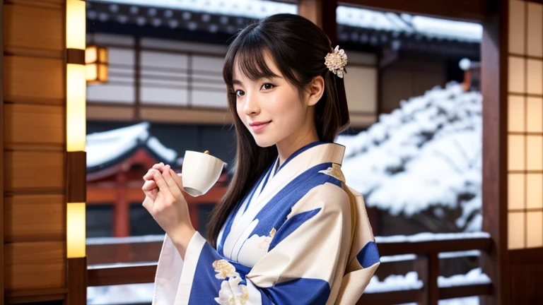 (( top quality)), ((masterpiece)), ( Details), 1girl, I'm wearing a winter kimono, sexy,Japanese New Year scenery、 there is Kadomatsu 、There is tea 、遠くに富士山などが見えるJapanese New Year scenery