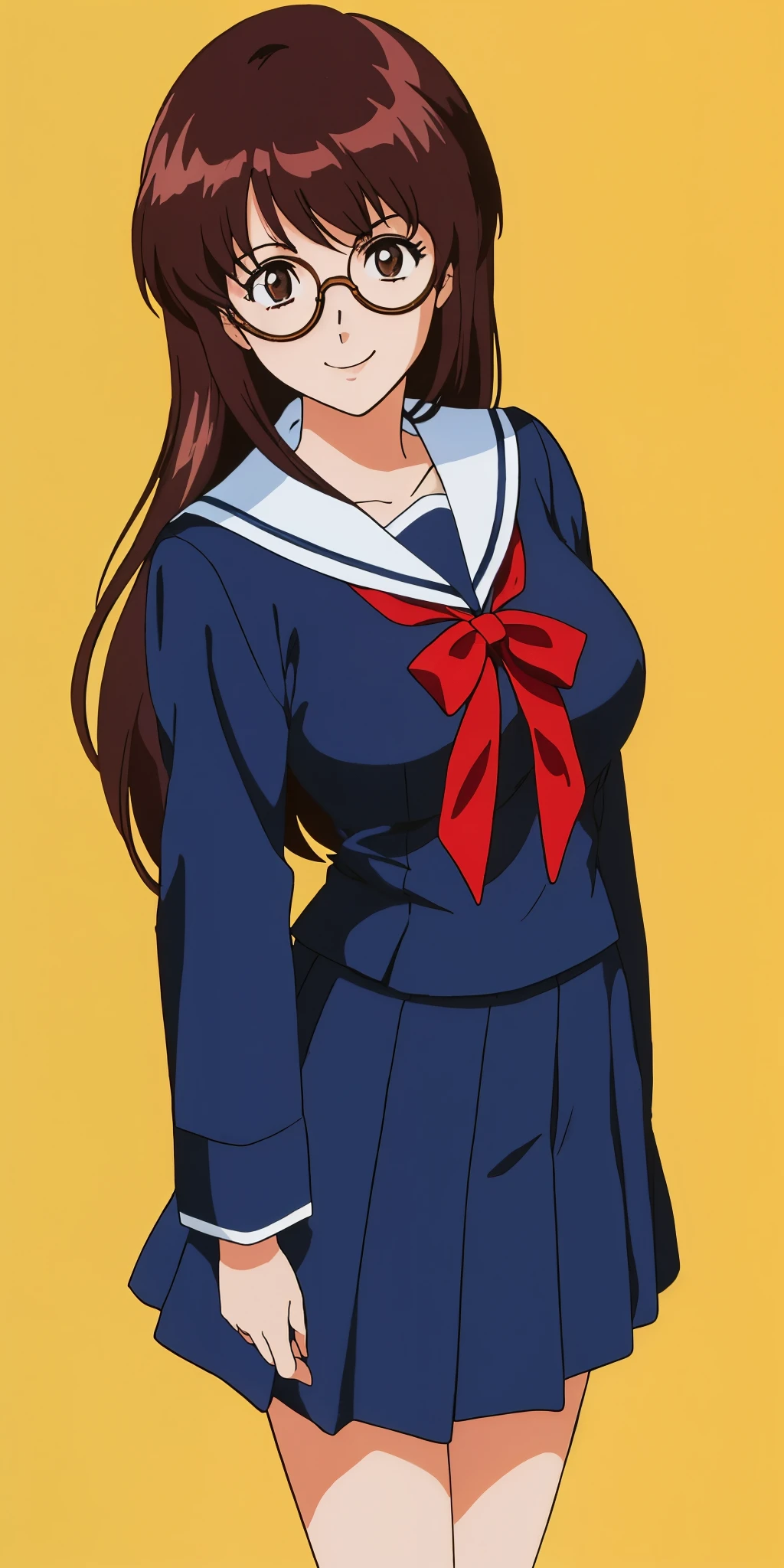 Young woman drawn in 80’s anime art style. 
Retro anime. Vintage Anime. Classical Anime. 
Black Dark Brown HAIR
Long Nihongami Hair
(Round Glasses)
(Round and Circle eyes)
(Light Brown eyes)
(Medium Sized Eyebrows)
(Freckles on Cheek)
(Light Tan Woman)
(Medium Breast)
Seductive Smile

She is wearing a sailor fuku (セーラー服, sērā fuku, sailor outfit) is a common japanese style of uniform worn by women, traditionally by high school female students. 

The uniform generally consists of a sailor-styled blouse attached with a (Navy blue sailor-style collar) and a Dark Navy Blue Sailor Blouse. The length of the long skirt goes down past her ankle.

A ribbon is tied in the front and laced through a loop attached to the sailor blouse. The color is the ribbon is red. (RED RIBBON)

(Dark Navy Blue Sailor Shirt)
(Dark Navy Pleated Skirt)

(Solo)
(Location: High School)
(Background: High School)