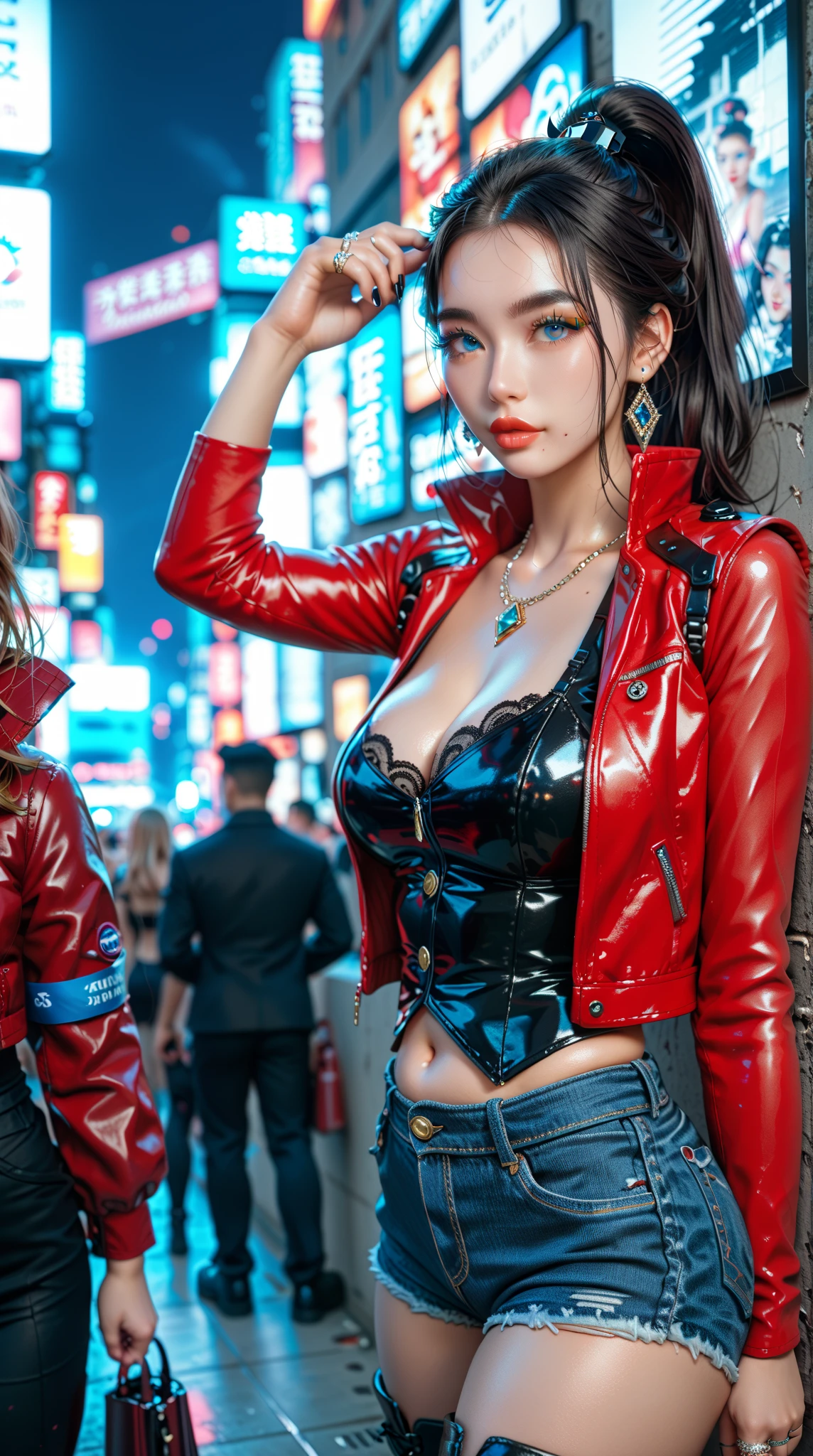 Divide Ratio : 1,1,1 Base Ratio: (portrait),(Highest resolution),(the most absurd quality),(masterpiece),(sharp focus),(最high quality),(photorealistic),(hyper realistic),beauty (mixed girl)(madison ivy:0.2)(jessica alba:0.6)(Ariana Grande:0.2) in of a (girl 22-year-old),fashion supermodel,(best high quality real texture skin:1.4),(ebony skin female),(best quality texture hair:1.4),BREAK,((black hair (slicked to the side) Intricately detailed:1.35)),night((outside,in the Chinatown at night:1.3)),(best high quality:1.4),(soft neon lighting on the face and body),(perfect proportions),(anatomically correct),(perfect female body:1.4),(firm big full breasts:1.4),slim face,beautiful cheekbones,((slim,swell-muscled body:1.3)),(Insanely beautiful face),(realistic face),(Insanely detailed face),(Intricately detailed eyes),finely detailed face,finely quality eyes,(tired and sleepy and satisfied:0.0),a woman's eye with a digital rendering,(realistic eyes,perfect round eyes,finely detailed pupils),(blown_eyes:1.26),BREAK,detailed lips:1.3,(pink_makeup:1.35),(long blue_eyeliner:1.35),(red_lipstick:1.28),(perfect dark_eyeshadows:1.3),(Insanely detailed makeup on eyes:1.3), iridescent eyes, with professional makeup, vibrant eyes:1.2, (Detailed nose:1.2),BREAK,((Insanely detailed red((cut jacket cute)) wear:1.24)),small head:1.4,BREAK,(long white-black lace dress((lace-up dress with Intricately detailed:1.3))),(random u%u top:1.25),exquisite balance of shadows,perfect composition,(shot above the knee:1.3),look at the viewer,(from below:1.3),((show high exposed thighs:1.3)), Hasselblad, 85mm f/4.0
