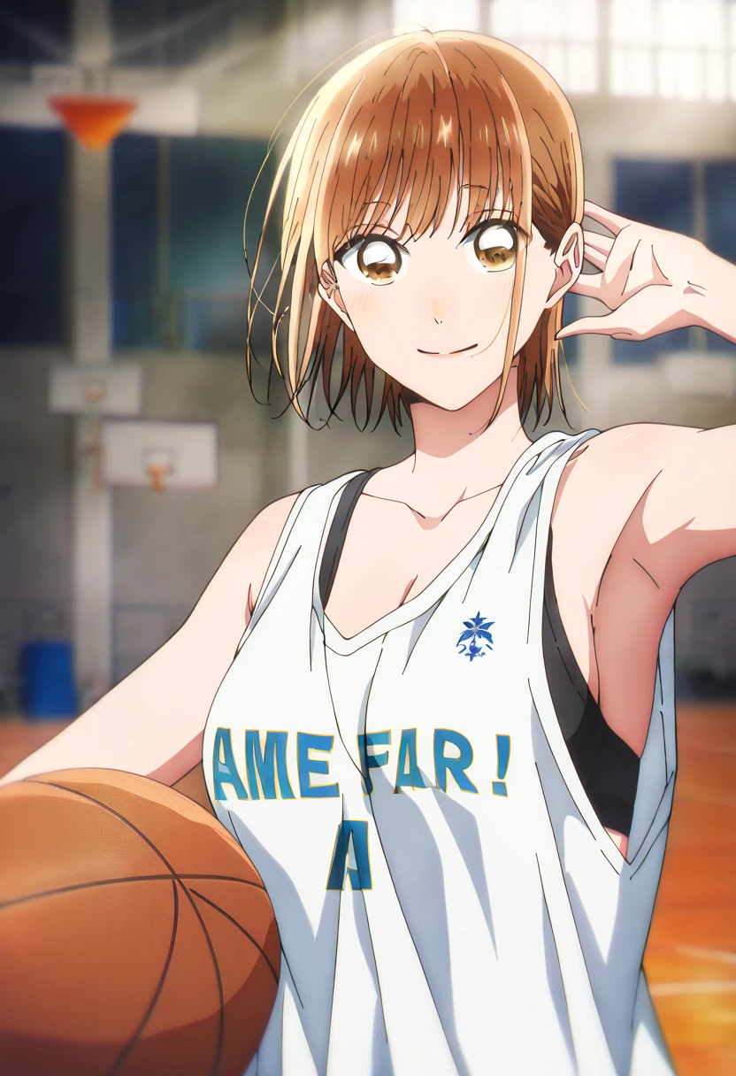   1 girl, Alone, Chinatsu,   Blurry Background,   brown eyes、  basketball uniforms in a bright gymnasium、   tank top、Bibs、黒いInner、Naked 、 medium boobs、   big areolas supporting breasts、 両Armpit、 small 、Gym、smile、looking at viewer, masterpiece,  top quality,   High Quality ,     very aesthetic  ,   absurd、(  Hands up、 basket uniform holding a basketball、Inner、Armpit、Armpit汗、Black sports bra on the inside of the )、  sweated、Basketball Ring  