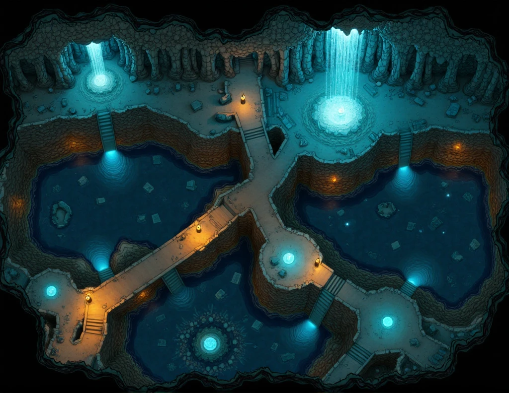 RPGmap, cave interior map of an expansive and eerie underground cavern system. The cave features large, vaulted ceilings supported by stalactites and stalagmites, with glowing crystals embedded in the walls casting an eerie, bioluminescent light. There are winding narrow passages leading to vast chambers filled with underground lakes, dark pools, and rivers flowing through the cave floor. Include treacherous narrow ledges above the water, with some areas having collapsed floors or unstable rock formations. Hidden alcoves with ancient cave paintings and strange markings can be found, along with natural bridges spanning over deep ravines. The map should also feature dangerous creatures' lairs, including giant bats, cave trolls, or other monstrous beings lurking in the shadows.