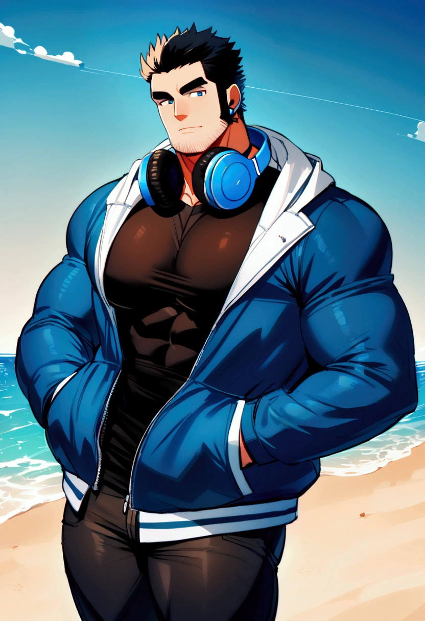 lee, alone, looking at viewer, european, shirt, black hair, 1 boy, jacket, blue eyes, male focus, pants, hoodie, black shirt, hoodie, muscular, orange cap, thick eyebrows, hood down, pecs, muscular male, blue jacket, bara, hooded jacket, big pecs, sideburns, hands in pockets, headphones around neck, ssotaventoveless jacket, ssotaventoveless hoodie, big Arms, big thighs, big pecs, sexy man, athletic body, huge muscles, beach background