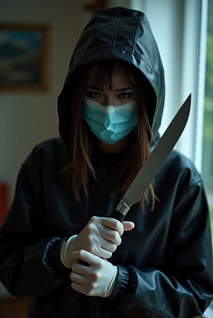 korean girl, (behind corpse, surgical mask), holding knife, stabbing, black gloves, room full of blood, black raincoat, bucket hat, holding knife, black gloves, behind corpse, blood splatter, bondage, long bangs, bed room, black wet suit, night, mass murderer, killer, robbery, dark atmosphere, cinematic lighting, atmospheric realistic, close-up,