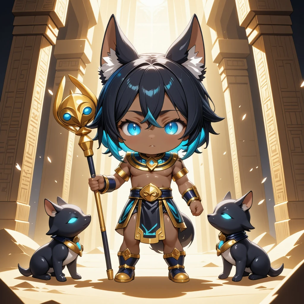 masterpiece, best quality, 8k resolution, ultra-detailed, vibrant colors, chibi Anubis boy, humanoid with jackal features, cute and serious expression, large black jackal ears on his head, short black jackal tail, slightly tanned dark skin, glowing blue eyes, Egyptian-inspired black and gold hair with blue streaks, wearing traditional Egyptian funerary attire (detailed gold and blue jewelry, golden arm guards, and royal nemes headdress). Standing confidently, with one foot slightly forward, (((holding a staff with a golden jackal head at the top, glowing blue eyes, detailed Egyptian hieroglyphic patterns, and gold and blue accents))). Two small black jackals with sleek fur and glowing blue eyes sit on either side of him, one looking up at him obediently, the other scanning the surroundings warily. Background: ancient Egyptian tomb interior, sandstone walls with detailed golden hieroglyphs, (soft mystical rays of light filtering through cracks in the sandstone ceiling, dust particles glowing in the air), warm mystical lighting, sharp focus, balanced anime style, digital painting.
