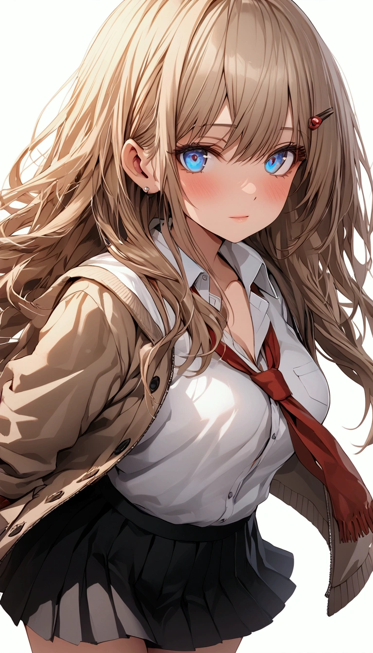 (Masterpiece. The best quality. 8K. Sharp focus. Depth of field, The best shadows. Perfect lighting. HDR. Realistic skin texture. Ultra-detailed background. Detail). Anime style. 1 girl. A girl from Hokkaido. A high school student. Gyaru. Light, wavy, waist-length hair with slightly pinkish ends. Beautiful hair. Ultra-detailed hair. Hairpins in her hair. Blue eyes. Beautiful eyes. Beautiful eyes. Expressive eyes. Ultra-detailed eyes. Perfect face. Beautiful face. Cute face. Beautiful nose. Thin lips. Ultra-detailed face. Red nose. Inflamed nose, Runny nose. Snot flowing from the nose. Perfect anatomical body. Slender body. Slender figure. Tall. Slender waist. B-size breasts. Small breasts. Beautiful breasts. Rounded hips.  Beautiful, long arms. Beautiful, long legs. Ultra-detailed arms. Ultra-detailed legs. Ultra-detailed body. Ultra-detailed breasts. Ultra-detailed crotch. Scarf. Unbuttoned jacket. Hands in jacket pockets. White blouse. Short skirt. White panties. Panties are visible. Woolen, long, casually worn socks. No background. White background. No wallpaper. White wallpaper. Ultra-detailed clothing. Full body. Ultra-detailed graphics. Ultra-detailed picture. Highest resolution.