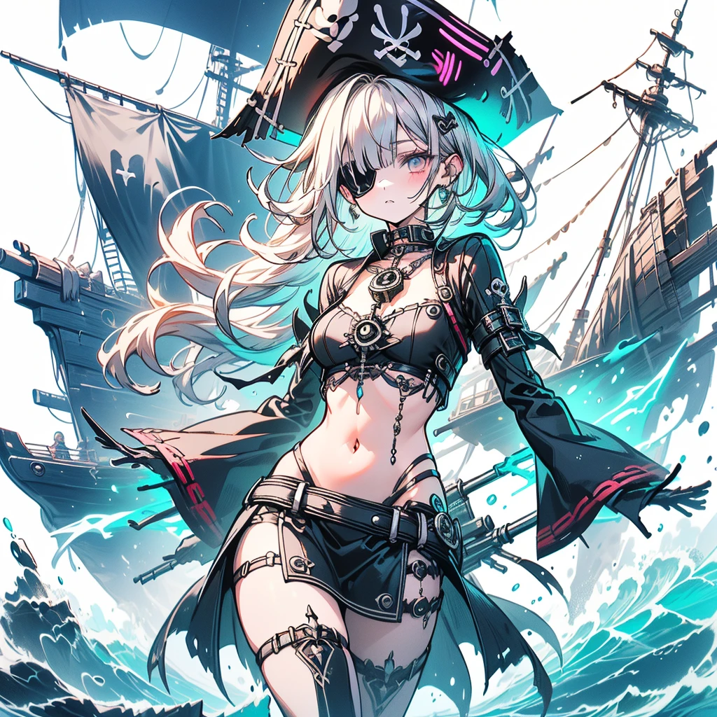 Pretty Pirate 、1girl,((( Dynamic Best Composition 、 super detailed 、 high definition、 top quality、 Masterpiece、 Official Art 、 Perfect Anatomy)))、 Milky White and Light Blue Gradation Hair Color、 Gothic Pirate Fashion 、 Pirate Hat 、 Cute Eyepatch 、 neon color、hologram、 absurd、 fantasy、 neon colorパレット、Neon Outline、Standing on the deck、The big pirate ship 、 black light 、七色の neon colorでふちどり、