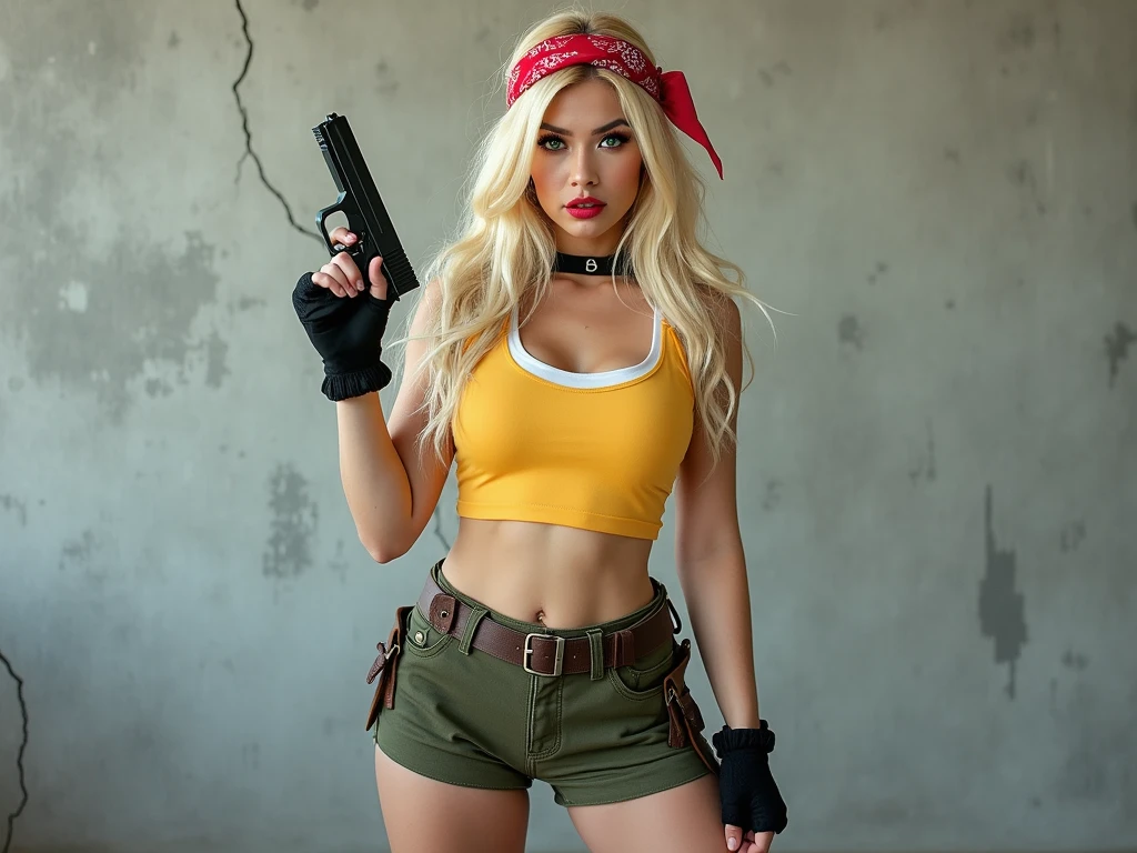photo of provoking 20yo <lora:metalslug_kasamoto:0.95> kasamoto eri, bandana, open vest, crop top, short shorts, midriff, blonde hair, brown eyes, <lora:Rogue-fC-V1:0.6> bodysuit, bright vibrant colors, vivid saturated colors, tight 90's superhero suit, cleavage, exposed thighs, (full-body, dynamic posing, dramatic posing) BREAK ((photorealistic), realistic face), medium breasts, beautifully detailed woman, realistic face, detailed mouth, extremely detailed eyes_and_face, beautiful attractive face, beautiful detailed eyes, (photorealistic), pronounced feminine feature, matte eyeshadow, eyelashes, eyeliner, perfect thin body, smooth skin, dynamic posing, toned body, flat belly, BREAK color HD photo, Short telephoto focal length, (full-body shot, high quality photo, masterpiece), HDR, 8K resolution, analogue RAW DSLR, best quality, absurdres, vivid vibrant colors, skin pores, intricate detail, (intricately detailed face_and_eyes), realistic human hands, sophisticated detail, (realistic lighting, sharp focus), centerfold, bokeh, official art, 8k wallpaper, ultra high res, professional photography