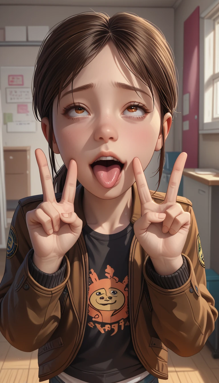 score_8, score_9, 1 ,  brown hair,  ponytail , jacket, just the face, ahegao,  looking at the viewer, Top,  in front , peace sign, Room