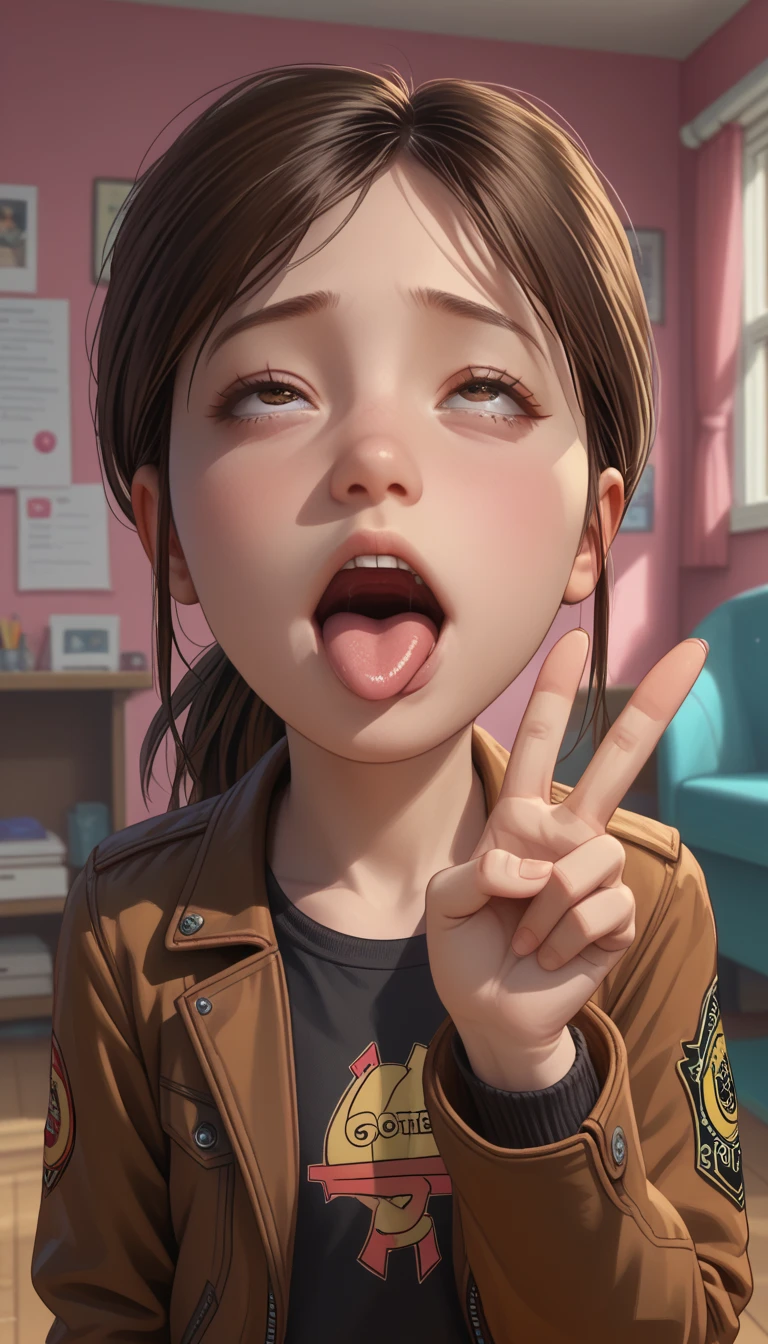 score_8, score_9, 1 ,  brown hair,  ponytail , jacket, just the face, ahegao,  looking at the viewer, Top,  in front , peace sign, Room