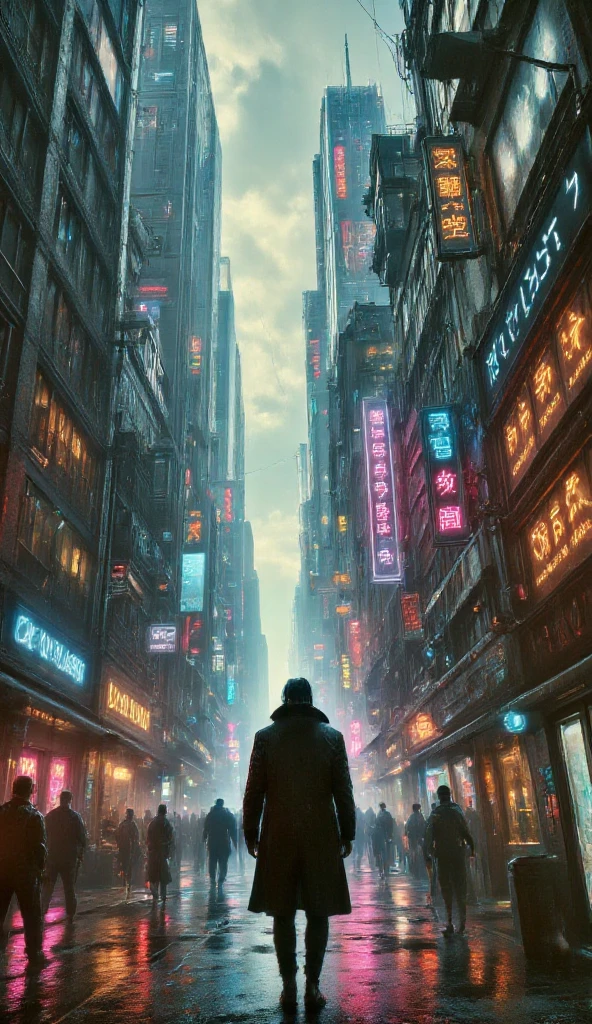 Dystopic cyberpunk masterpiece,cyberpunk mixed with medieval vibes, moments Of life in cyberpunk city ,screengrab of 2000s super panavision 2000s movie.retro in color,12k photorealism, Qualité Meilleure, Résolution Haute, Précis, Détails fins, 