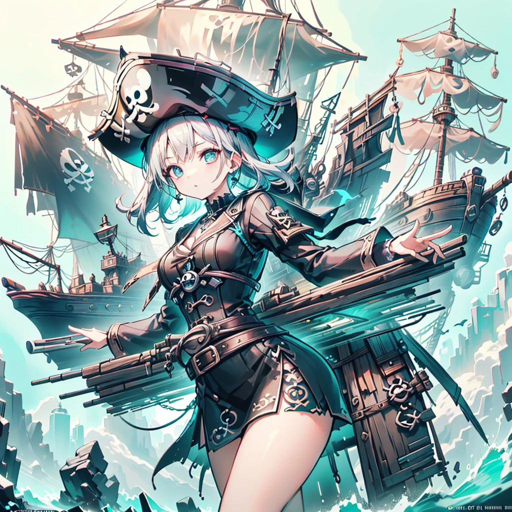 Pretty Pirate 、1girl,((( Dynamic Best Composition 、 super detailed 、 high definition、 top quality、 Masterpiece、 Official Art 、 Perfect Anatomy)))、 Milky White and Light Blue Gradation Hair Color、 Gothic Pirate Fashion 、 Pirate Hat 、 Cute Eyepatch 、 neon color、hologram、 absurd、 fantasy、 neon colorパレット、Neon Outline、Standing on the deck、The big pirate ship 、 black light 、七色の neon colorでふちどり、