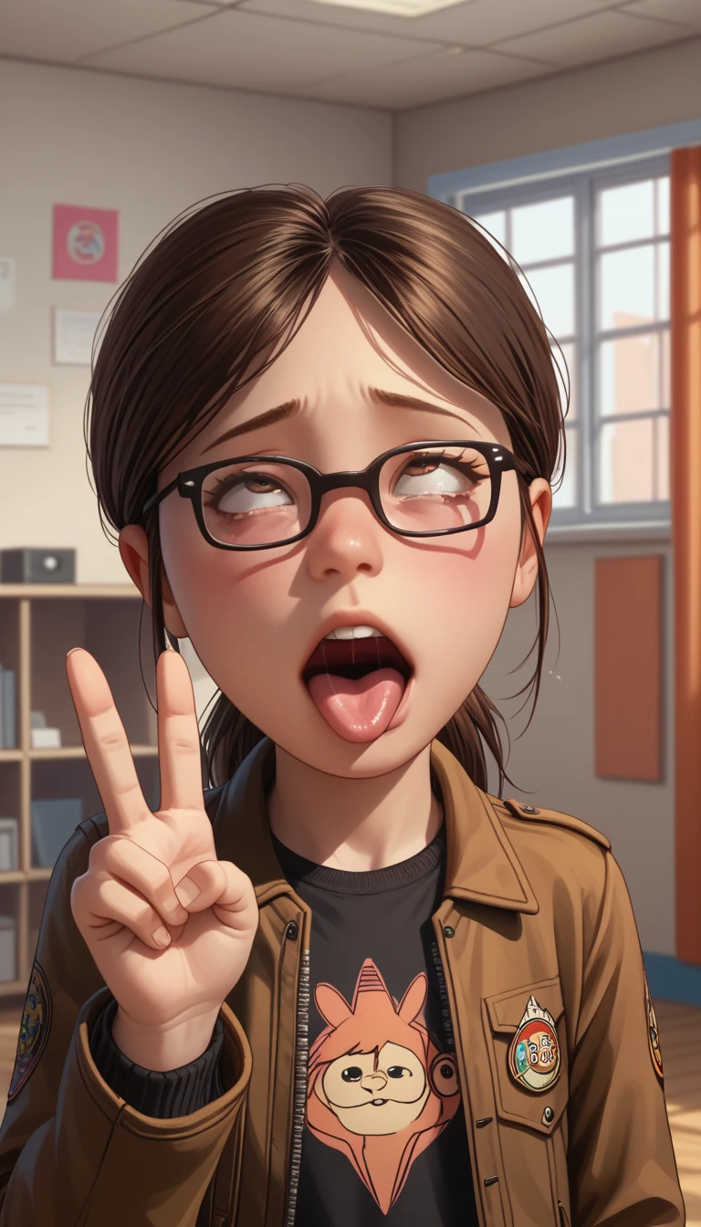 score_8, score_9, 1 ,  brown hair ,  ponytail , jacket, glasses, just the face, ahegao,  looking at the spectator, Top,  in front , peace sign, Room