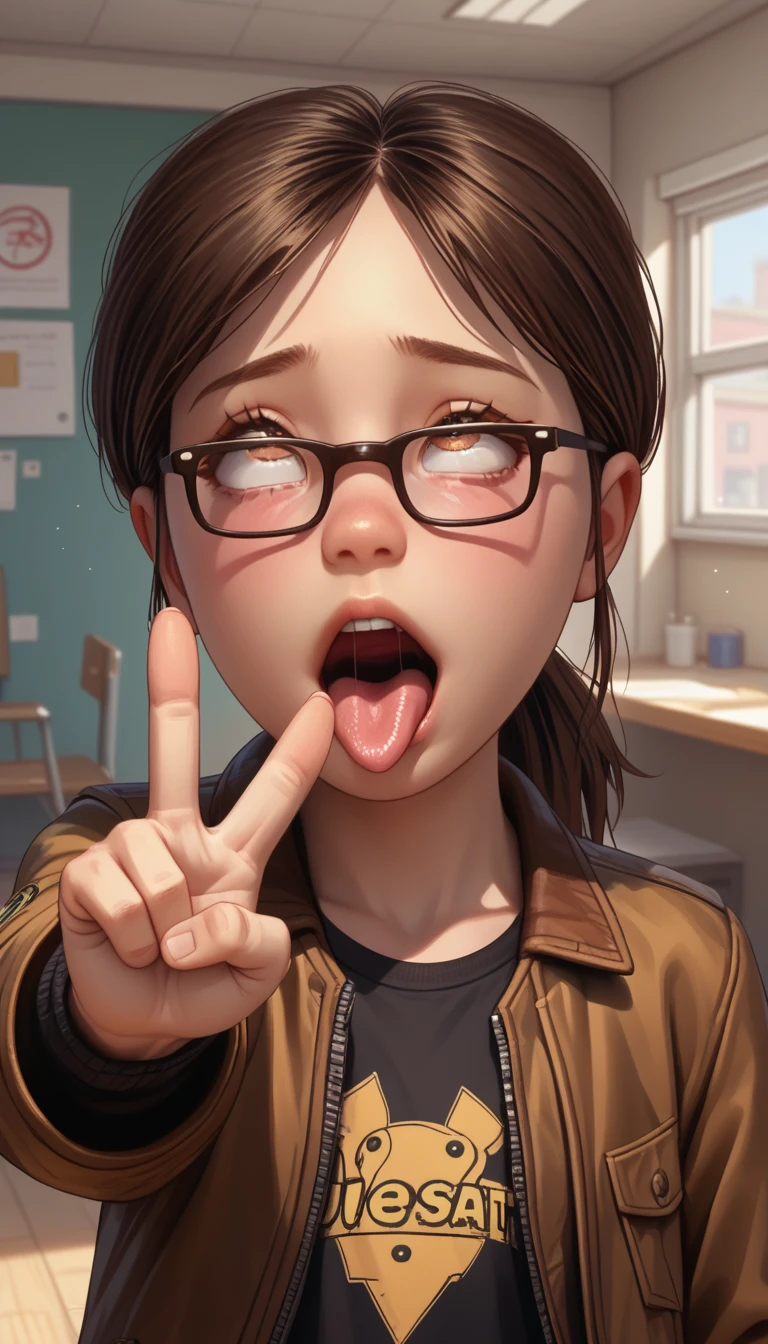 score_8, score_9, 1 ,  brown hair ,  ponytail , jacket, glasses, just the face, ahegao,  looking at the spectator, Top,  in front , peace sign, Room