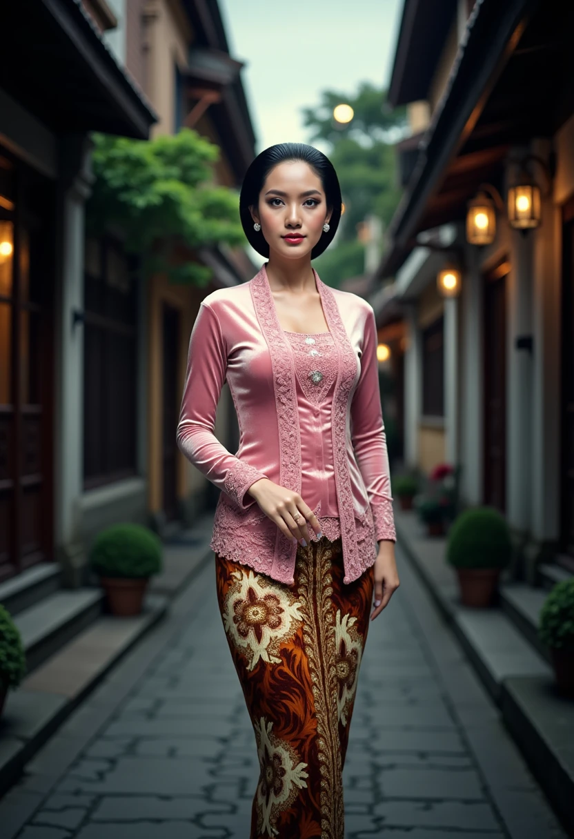 a beautiful young beautiful woman walks confidently in a night modern city setting. She is wearing an intricate sequined pink kebaya with lace sequined embroidery patterns along the front and sleeves, paired with a traditional brown and cream tight batik skirt with complex floral and geometric designs. wearing high heels. Her hair is styled in a neat and polished low bun with a center part, and she has a calm, confident expression with makeup featuring bold red lips and perfectly defined eyebrows. She is wearing elegant silver or pearl earrings. The background consists of a narrow alleyway in a modern traditional Javanese city, with wooden and concrete buildings, greenery, and soft natural lighting, creating a serene and cultural atmosphere. The overall image has realistic detailing, soft shadows, and vibrant color contrast.