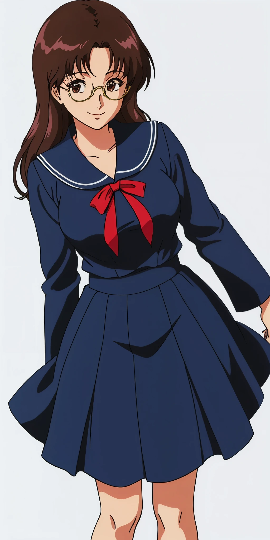 Young woman drawn in 80’s anime art style. 
Retro anime. Vintage Anime. Classical Anime. 
Black Dark Brown HAIR
Long Nihongami Hair
(Round Glasses)
(Round and Circle eyes)
(Light Brown eyes)
(Medium Sized Eyebrows)
(Freckles on Cheek)
(Light Tan Woman)
(Medium Breast)
Seductive Smile

She is wearing a sailor fuku (セーラー服, sērā fuku, sailor outfit) is a common japanese style of uniform worn by women, traditionally by high school female students. 

The uniform generally consists of a sailor-styled blouse attached with a (Navy blue sailor-style collar) and a Dark Navy Blue Sailor Blouse. The length of the long skirt goes down past her ankle.

A ribbon is tied in the front and laced through a loop attached to the sailor blouse. The color is the ribbon is red. (RED RIBBON)

(Dark Navy Blue Sailor Shirt)
(Dark Navy Pleated Skirt)

(Solo)
(Location: High School)
(Background: High School)