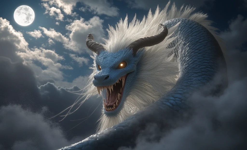 Azure Chinese dragon. wise, strong. His eyes are empty. Black horns. empty white eyes shining with white light. He flies in the sky. the big moon. horror