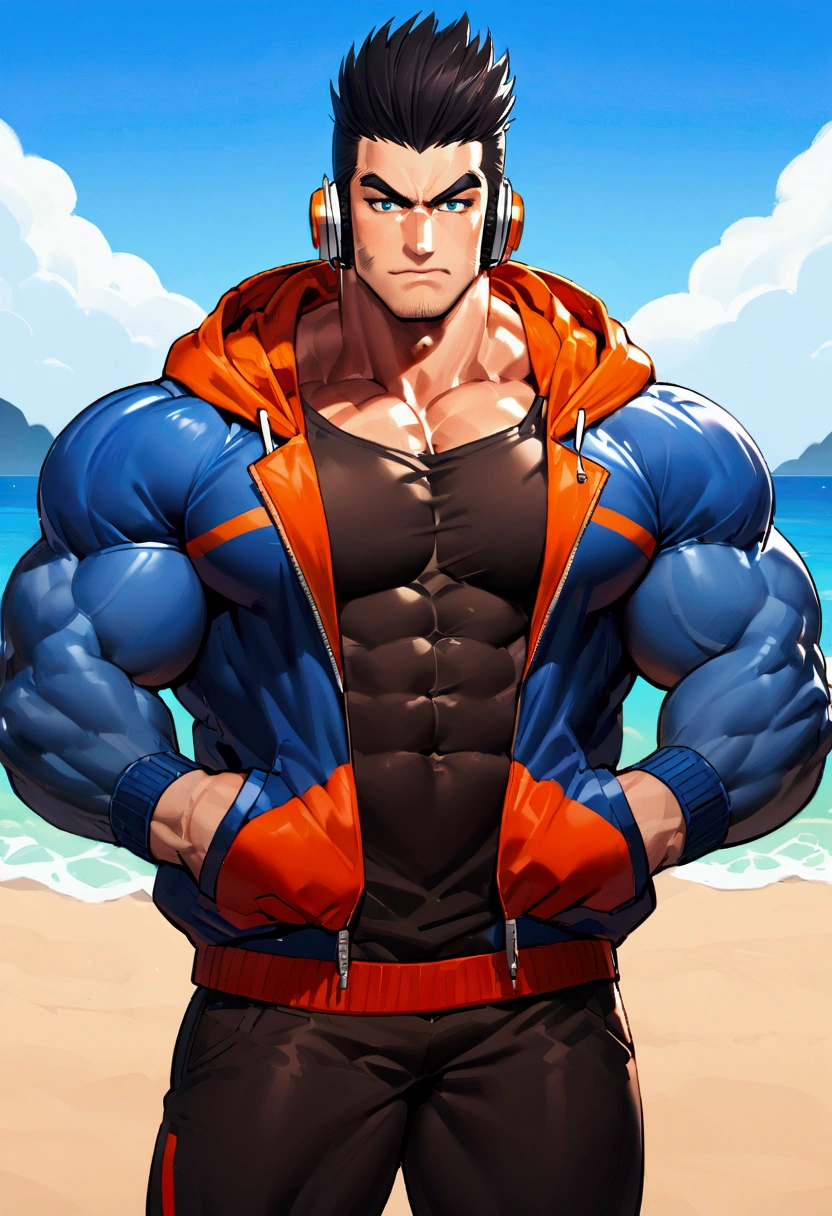 lee, alone, looking at viewer, european, shirt, black hair, 1 boy, jacket, blue eyes, male focus, pants, hoodie, black shirt, hoodie, muscular, orange trucker cap, thick eyebrows, hood down, pecs, muscular male, blue jacket, bara, hooded jacket, big pecs, sideburns, hands in pockets, headphones around neck, ssotaventoveless jacket, ssotaventoveless hoodie, big Arms, big thighs, big pecs, sexy man, athletic body, huge muscles, beach background