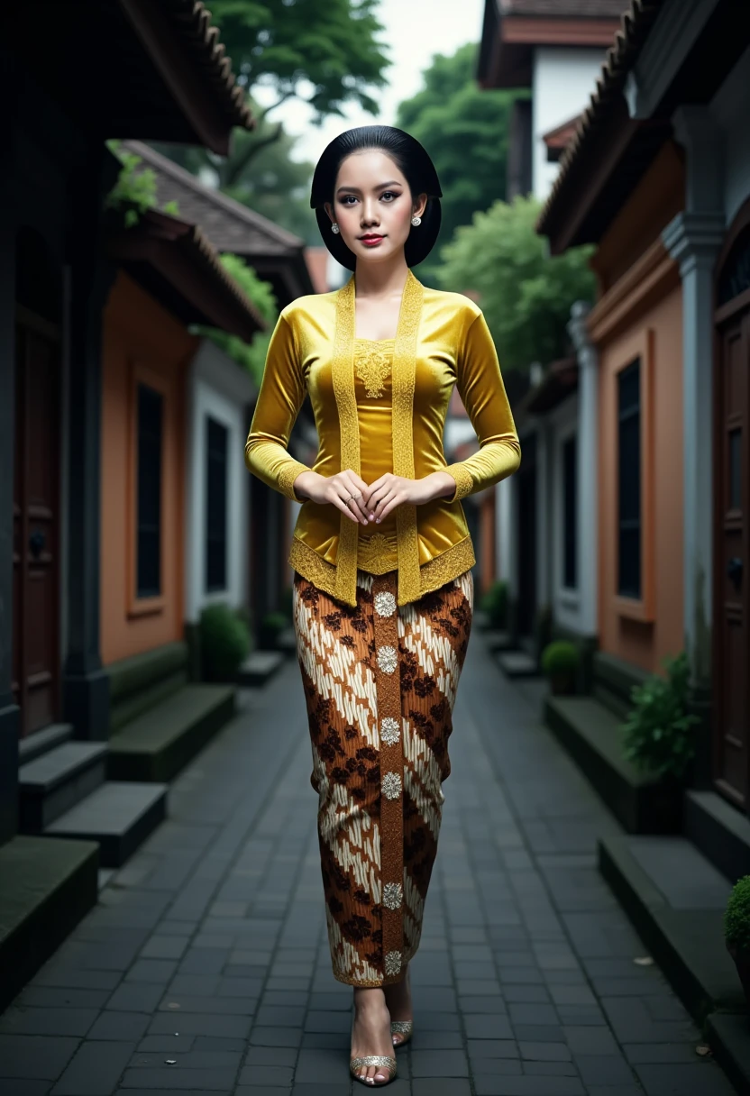 a beautiful young beautiful woman walks elegantly in a traditional Javanese village setting. She is wearing an intricate sequined gold satin kebaya with lace embroidery patterns along the front and sleeves, paired with a traditional brown and cream tight batik skirt with complex floral and geometric designs. Her hair is styled in a neat and polished low bun with a center part, and she has a calm, confident expression with makeup featuring bold red lips and perfectly defined eyebrows. She is wearing elegant silver or pearl earrings. The background consists of a narrow alleyway in a traditional Javanese village, with wooden and concrete buildings, greenery, and soft natural lighting, creating a serene and cultural atmosphere. The overall image has realistic detailing, soft shadows, and vibrant color contrast.