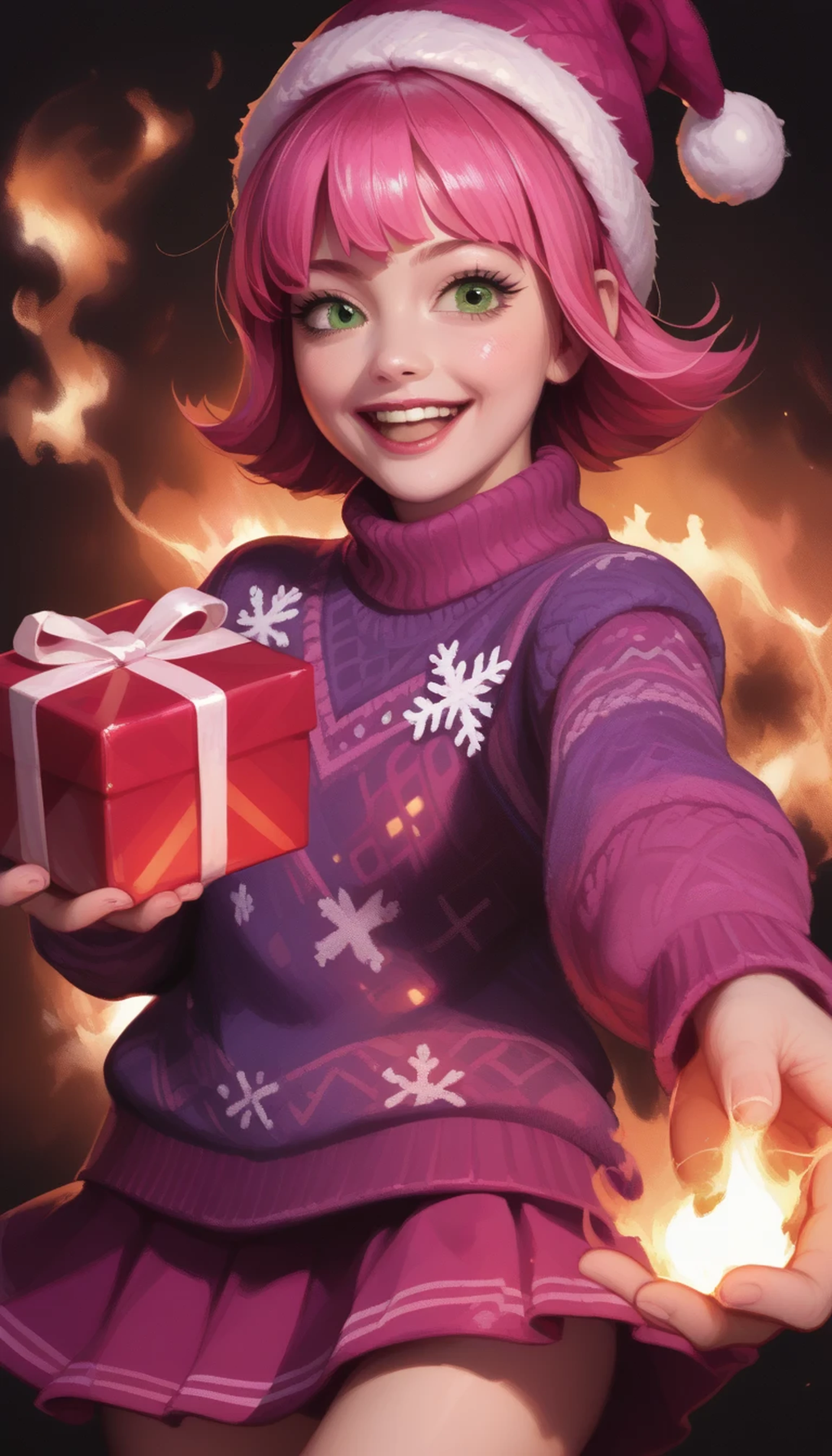 Annie from League of Legends, short pink hair, green eyes, young, wearing purple Christmas sweater and skirt, dynamic ultra low angle from above, foreshortening, happy expression, photorealistic, holding a burning gift, living room background
