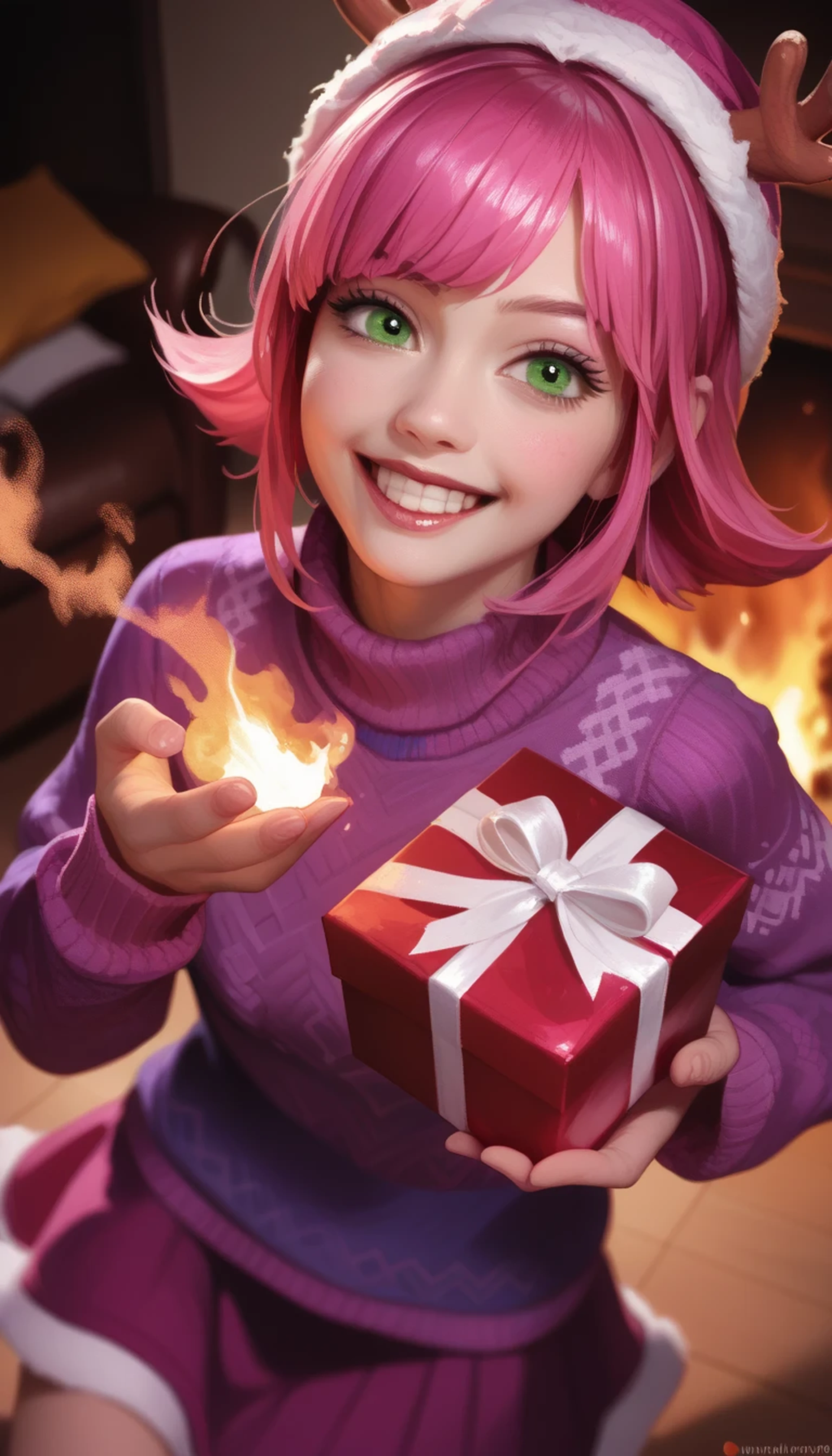 Annie from League of Legends, short pink hair, green eyes, young, wearing purple Christmas sweater and skirt, dynamic ultra low angle from above, foreshortening, happy expression, photorealistic, holding a burning gift, living room background