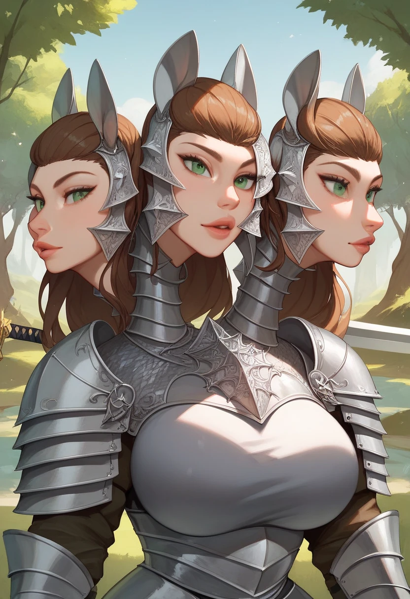 (masterpiece),(ultra-detailed), (high quality), (high resolution), (best quality:1.5, highres, UHD), highres, absurdo, ultra detail, ultra quality, (2heads:1.5), 1girl, (brown hair), large breasts, thighs, (silver knight armor), female warrior, (fully armored), (medieval outfit), (green eyes), sword, armored chest piece, gorgeous female knight, Guild Clothes with Armor, forest