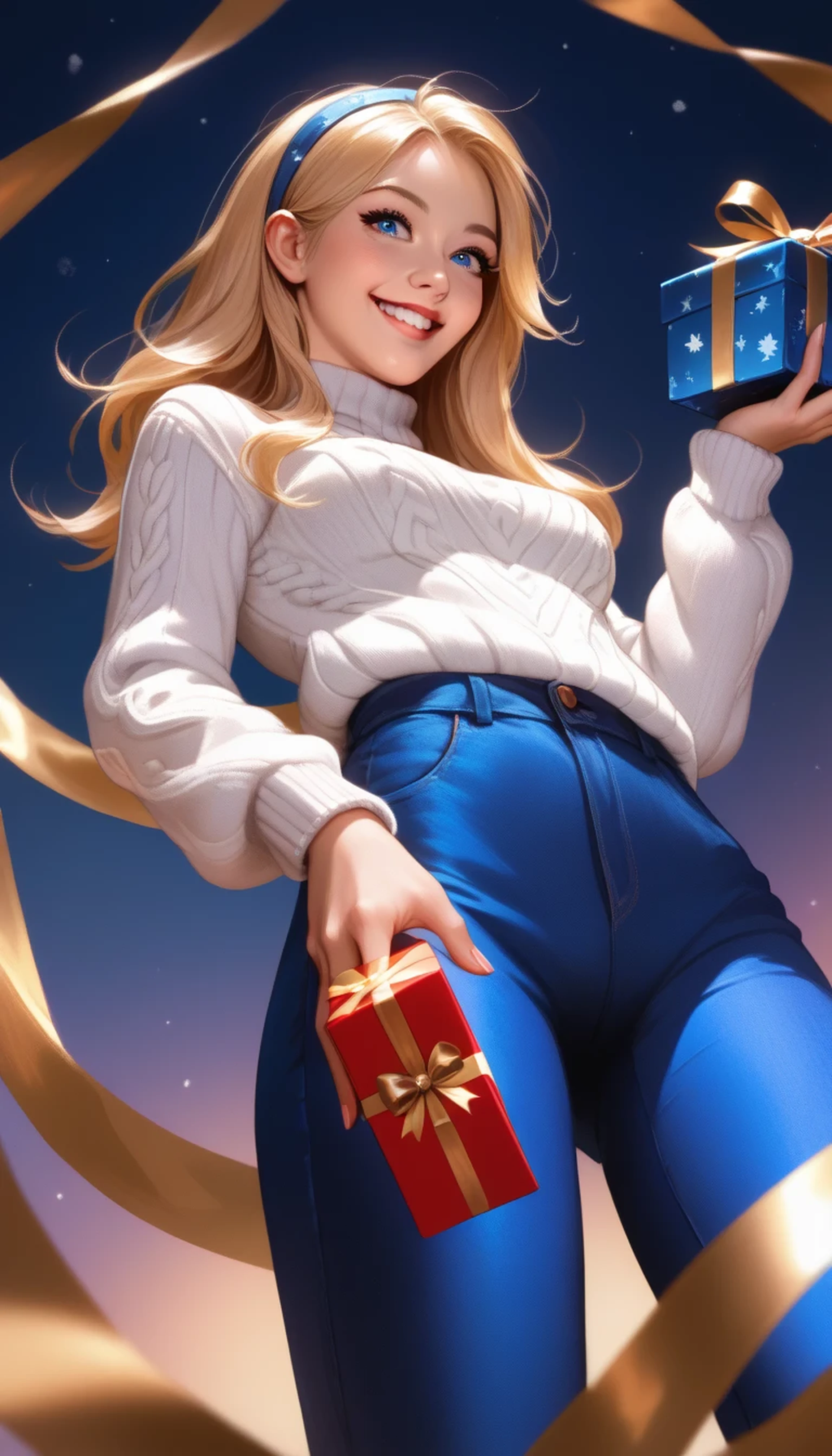 Lux from League of Legends, long blonde hair, blue eyes, adult ite sexy body, slim waist, beautiful woman, medium breasts, wearing white Christmas sweater with blue accents and skirt over dark blue pants, dynamic ultra low angle from below, foreshortening, thighs in the foreground, head in the background, happy smile, perfect teeth, happy eyes, photorealistic, holding a blue gift box with gold ribbon, wearing blue headband