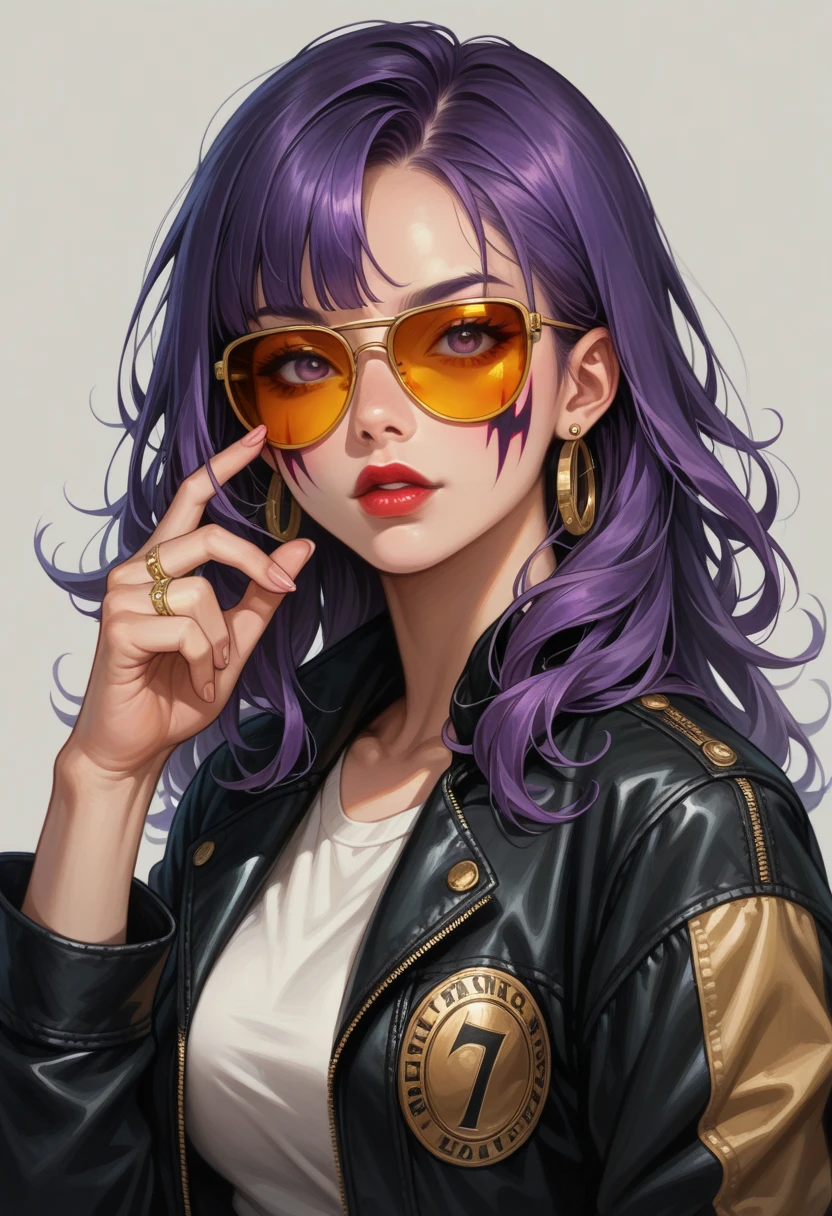 score_9, score_8_up, score_7_up, score_6_up, full body Portrait of a woman, face painted completely white like a geisha, red lips, golden sunglasses, messy straight purple hair with bangs, hyper detailed,QXHTX,1girl,jewelry,solo,ring,earrings,short hair,sunglasses,purple hair,tinted eyewear,jacket,lips,One hand in front of the eyes，neon