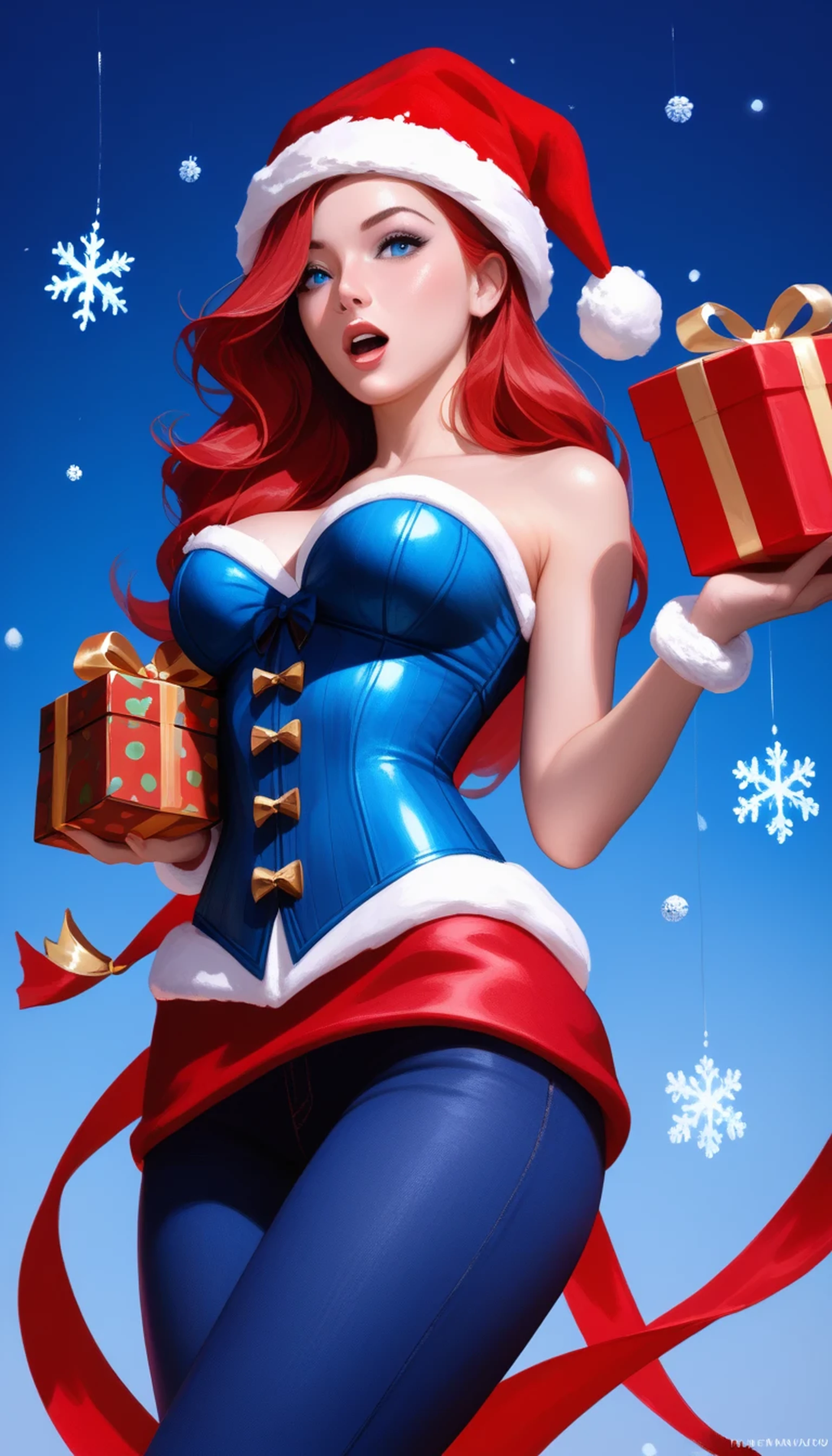 Miss Fortune from League of Legends, long dark red hair, blue eyes, adult sexy body, slim waist, beautiful woman, large breasts, wearing blue Christmas corset with pants, dynamic ultra low angle from below, foreshortening, thighs in the foreground, head in the background, open mouth expression, photorealistic, holding a gift, wearing a santa hat, looking at viewer