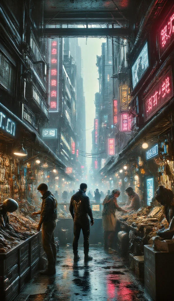 Dystopic cyberpunk masterpiece,cyberpunk mixed with medieval vibes, aliens animals seller in cyberpunk city ,screengrab of 2000s super panavision 2000s movie.retro in color,12k photorealism, Qualité Meilleure, Résolution Haute, Précis, Détails fins, 