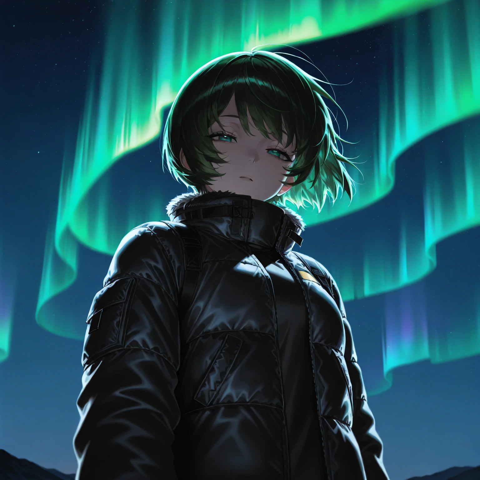 (A girl, the girl is , the girl has short hair, the girl has an airy bob, the girl has dark green hair, the girl has half-open eyes, the girl is watching the aurora, the girl is looking at the sky, the girl is wearing a black down jacket, the down jacket has fur, the girl has one hand raised) Aurora, Iceland, outdoors, angle from below, night, the person is small and positioned in the bottom right, only the upper body of the person is visible,Give your images flat even illumination (negative) or dramatic chiaroscuro lighting (positive). No trigger required.