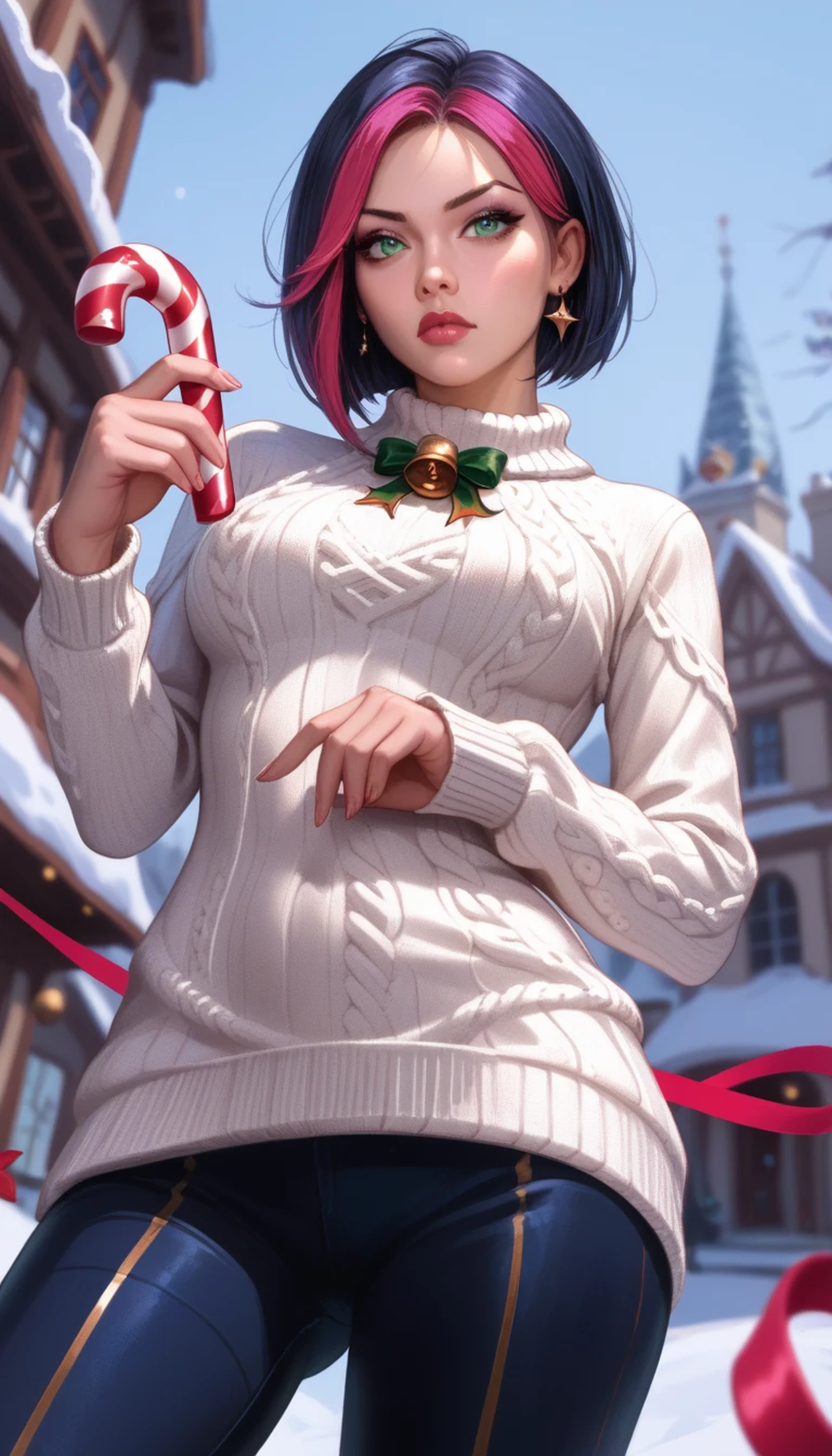 Fiora from League of Legends, short black hair with pink parted bangs, green eyes, adult ite sexy body, slim waist, beautiful woman, medium breasts, wearing white Christmas sweater with gold accents and dark blue pants, dynamic ultra low angle from below, foreshortening, thighs in the foreground, head in the background, serious expression, photorealistic, holding a candy cane