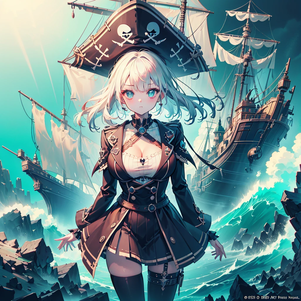 Pretty Pirate 、1girl, pretty face、、((( Dynamic Best Composition 、 super detailed 、 high definition、 top quality、 Masterpiece、 Official Art 、 Perfect Anatomy)))、 Milky White and Light Blue Gradation Hair Color、 Gothic Pirate Fashion 、 Pirate Hat 、 Cute Eyepatch 、 neon color、hologram、 absurd、 fantasy、 neon colorパレット、Neon Outline、Standing on the deck、The big pirate ship 、 black light 、七色の neon colorでふちどり、