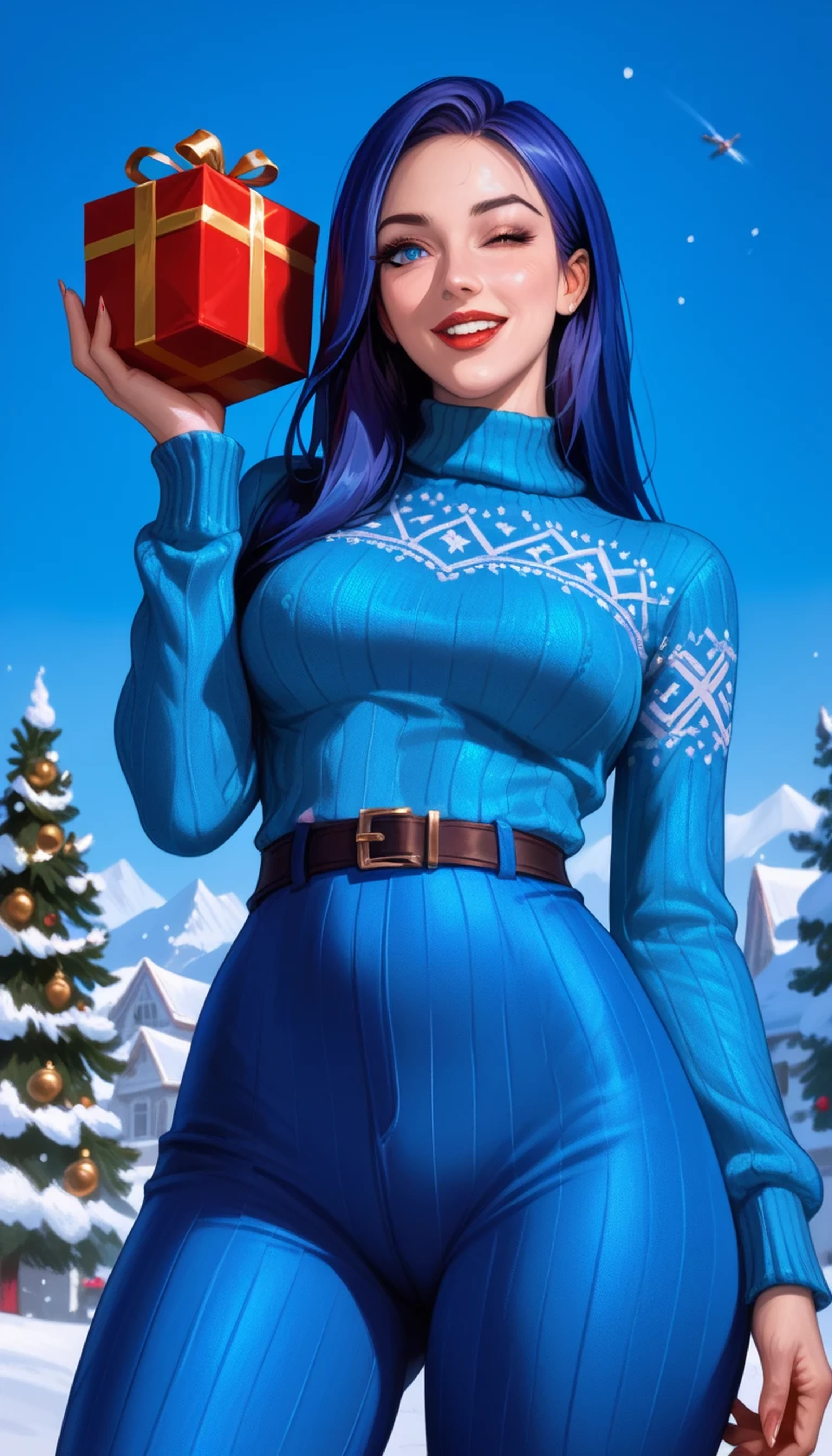 Caitlyn from League of Legends, long blue hair, blue eyes, adult sexy body, slim waist, beautiful woman, medium breasts, wearing blue Christmas sweater with gold trims and pants, dynamic ultra low angle from below, foreshortening, thighs in the foreground, head in the background, happy expression, photorealistic, holding a gift, wink