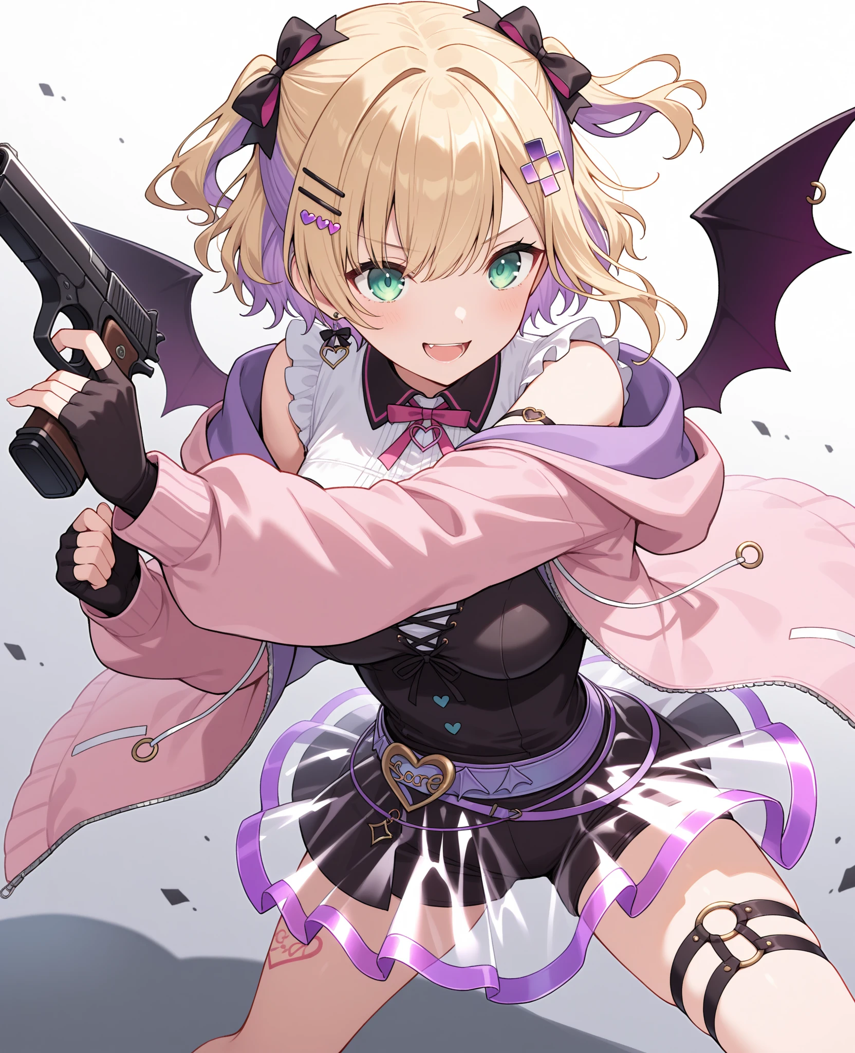 Noah 1  ,  Short Hair , Blonde hair,  purple hair ,  , Hair Bow,  hair clip , headdress,  green eyes , Devil Wings, Breasts, Neck Ribbon,  sleeveless shirt ,  pink jacket ,  fingerless gloves , black gloves , ,   see-through skirt ,  thigh strap ,  standing ,  cowboy shot , smile,  open mouth,  carrying a weapon., pistol, fighting stance, Aim ,
 super detailed , masterpiece, recent,  top quality