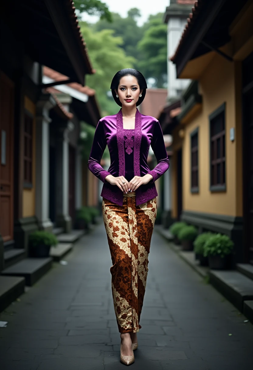 a beautiful young beautiful woman walks elegantly in a traditional Javanese village setting. She is wearing an intricate dark purple glossy satin kebaya with lace embroidery patterns along the front and sleeves, paired with a traditional brown and cream batik thigh skirt with complex floral and geometric designs. Her hair is styled in a neat and polished low bun with a center part, and she has a calm, confident expression with makeup featuring bold red lips and perfectly defined eyebrows. She is wearing elegant silver or pearl earrings. The background consists of a narrow alleyway in a traditional Javanese village, with wooden and concrete buildings, greenery, and soft natural lighting, creating a serene and cultural atmosphere. The overall image has realistic detailing, soft shadows, and vibrant color contrast.