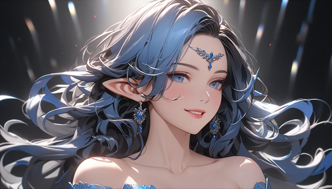 A beautiful mature woman with blue long hair standing elegantly under a spotlight, She wears a glamorous dress that emphasizes her curves exuding an air of elegance and allure, The scene is set in a simple studio space with a white or gray background to highlight the subject, The spotlight enhances the contours of her body and the flow of her dress capturing her in an anime style, The color scheme is primarily blue reflecting her hair and adding a cool sophisticated tone to the image, She strikes a confident pose embodying both grace and a captivating presence, messy hair, forehead mark, covered eyes, bone hair ornament, mole under eye, pointy ears, long pointy ears, seductive smile, covering eyes, chromatic aberration abuse, UHD, masterpiece, anatomically correct, textured skin, super detail, high details, high quality, award winning, best quality, highres, 16k