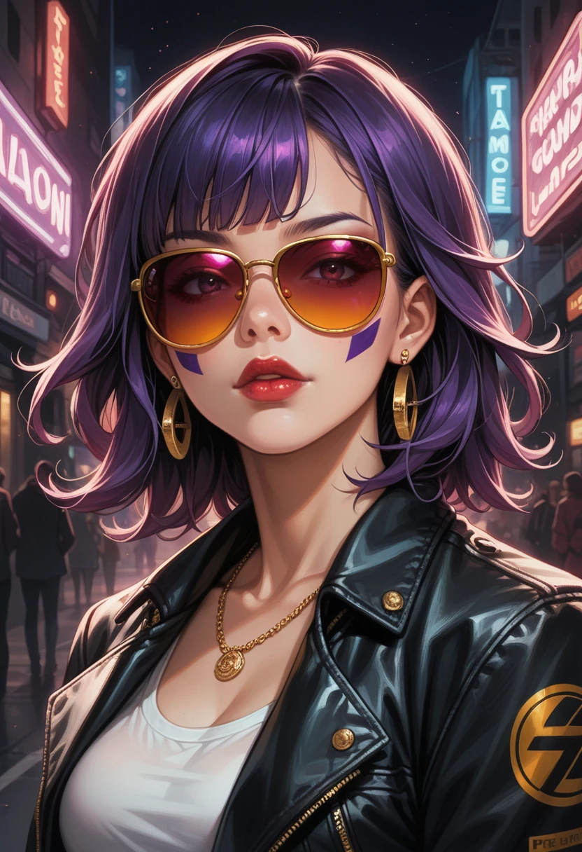 score_9, score_8_up, score_7_up, score_6_up, full body Portrait of a woman, face painted completely white like a geisha, red lips, golden sunglasses, messy straight purple hair with bangs, hyper detailed,QXHTX,1girl,jewelry,solo,ring,earrings,short hair,sunglasses,purple hair,tinted eyewear,jacket,lips，neon，different standing post，