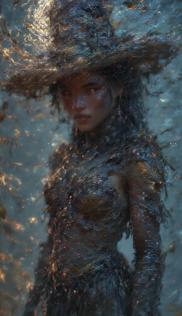 This image appears to be a digital artwork featuring a character with a fantasy theme. The character has dark hair and is wearing a large, worn-out witch's hat. Her attire is tattered and includes multiple straps and tattoos. The setting is likely outdoors, with a mystical, ethereal atmosphere enhanced by glowing embers and a dim, moonlit background. The color palette is dominated by cool tones, with hints of warm light creating a dramatic contrast. The artwork conveys a sense of mystery and enchantment.