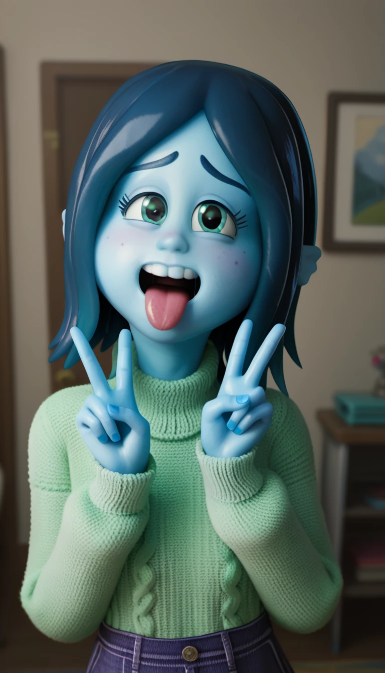 score_9, score_8, score_9, to break,Alone, Rgill, blue hair, blue skin, sweater, shy, just the face, ahegao,  looking at the viewer, Top,  in front , peace sign, Room